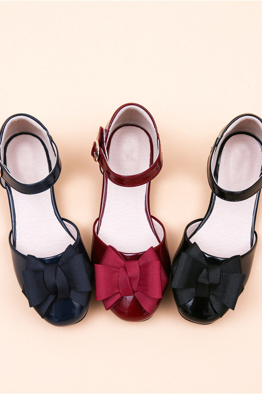 Girls Black Patent Leather Bow Ankle Strap Low Heel Shoes