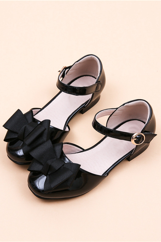 Girls Black Patent Leather Bow Ankle Strap Low Heel Shoes