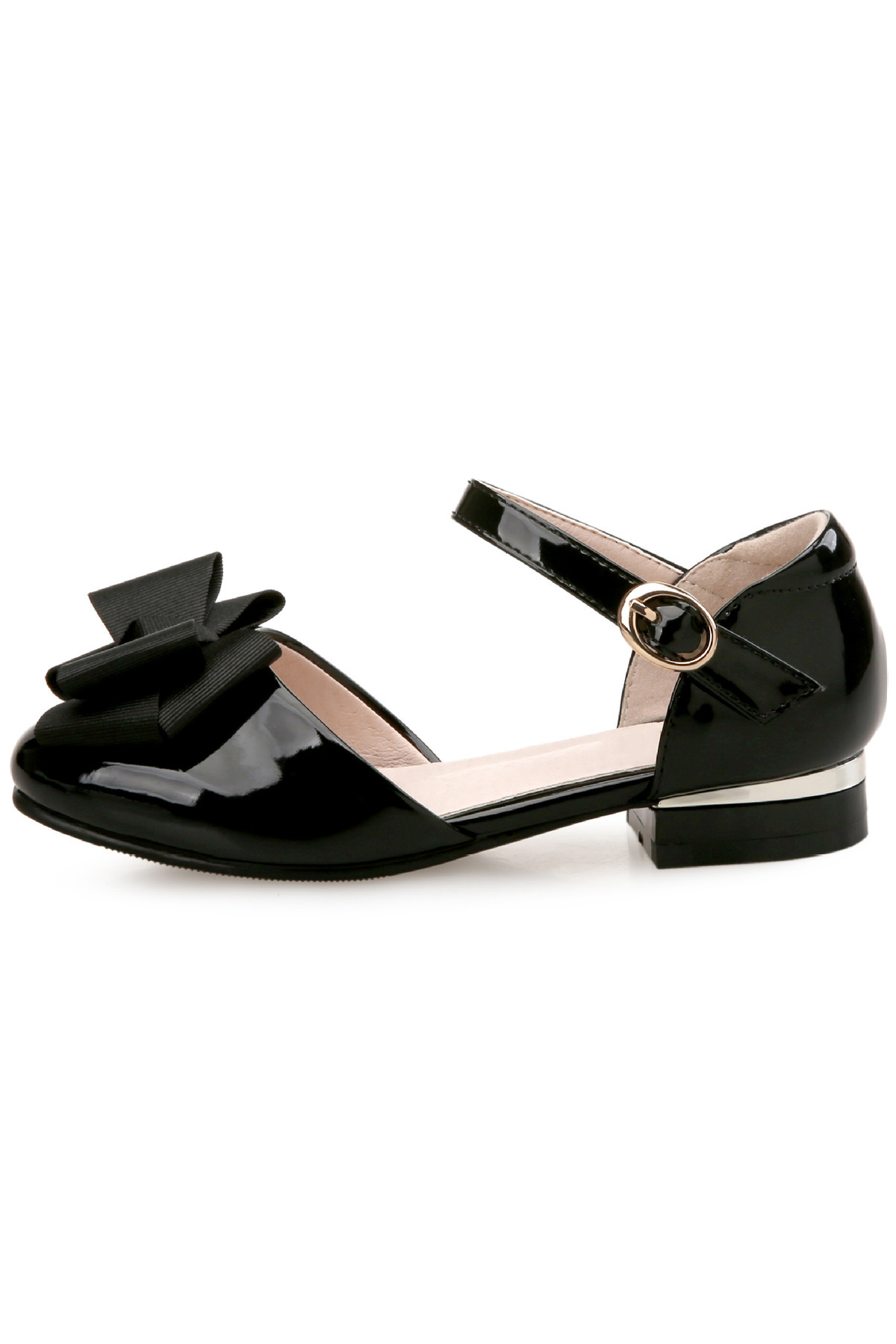 Girls Black Patent Leather Bow Ankle Strap Low Heel Shoes