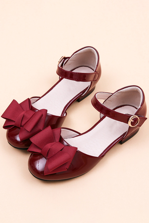 Girls Black Patent Leather Bow Ankle Strap Low Heel Shoes