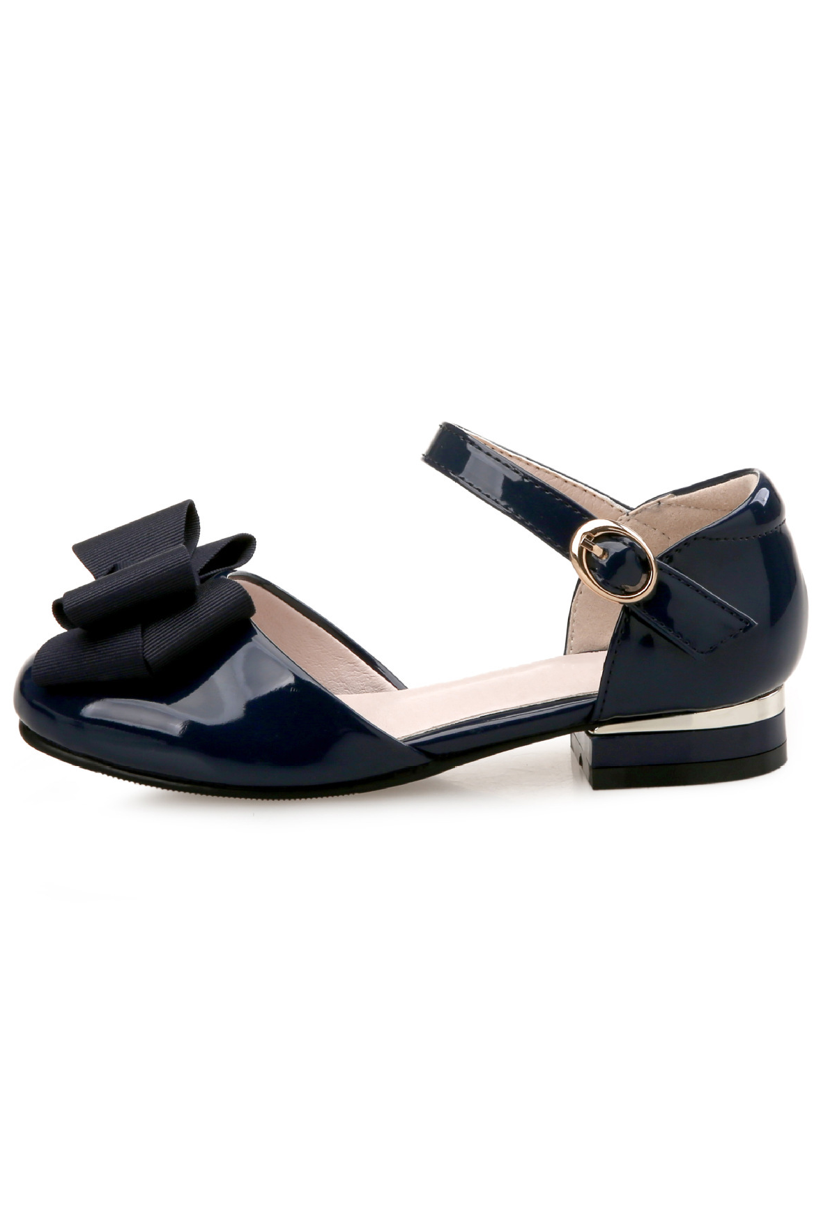Girls Black Patent Leather Bow Ankle Strap Low Heel Shoes