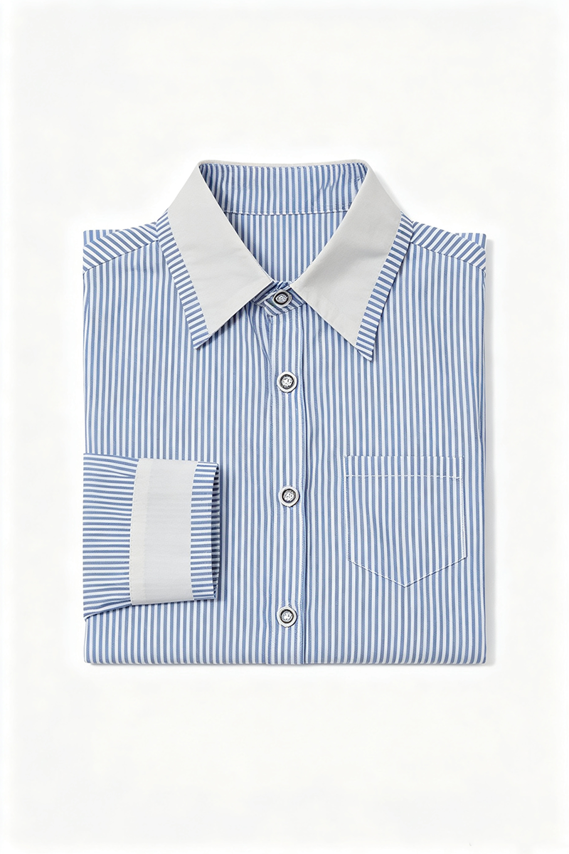 Boys Blue‑Striped Long‑Sleeve Shirt for Weddings with Contrast Collar