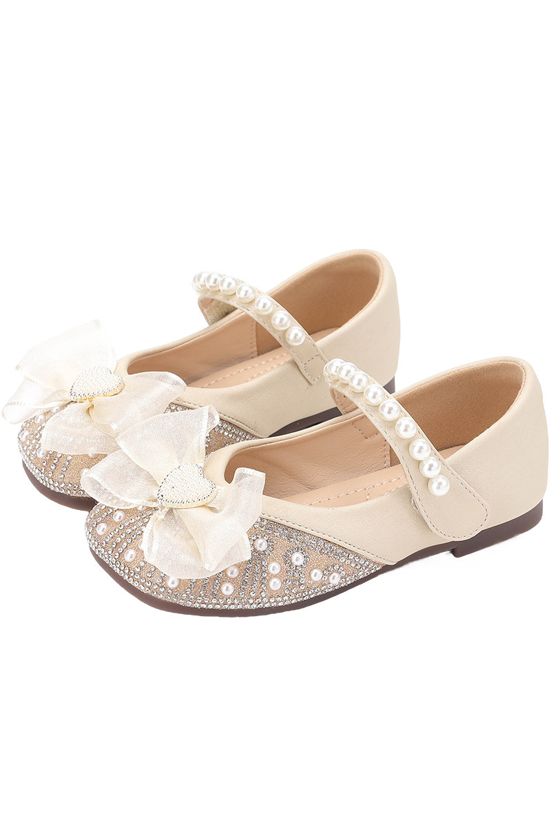 Champagne Rhinestone Pearl Organza Bow Mary Jane Flat Princess Dress Shoes