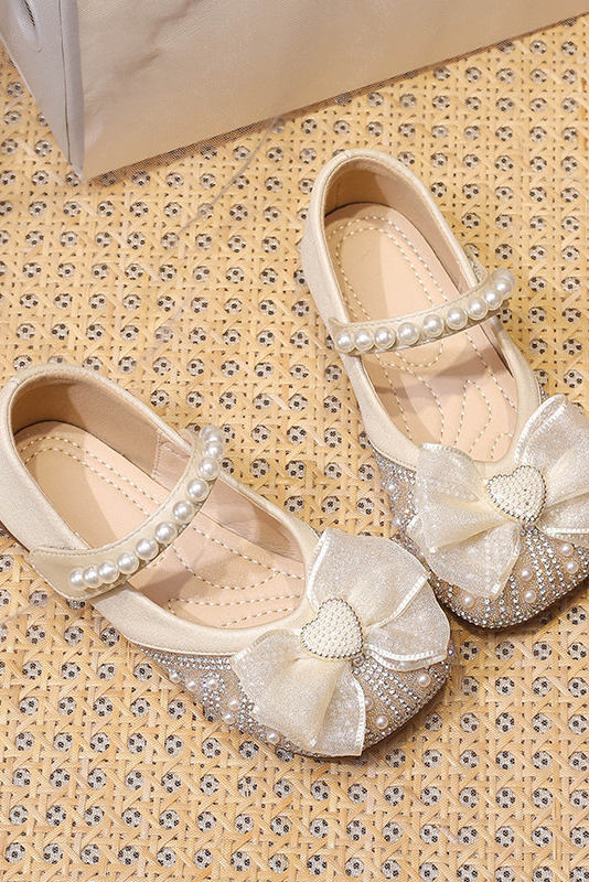 Champagne Rhinestone Pearl Organza Bow Mary Jane Flat Princess Dress Shoes
