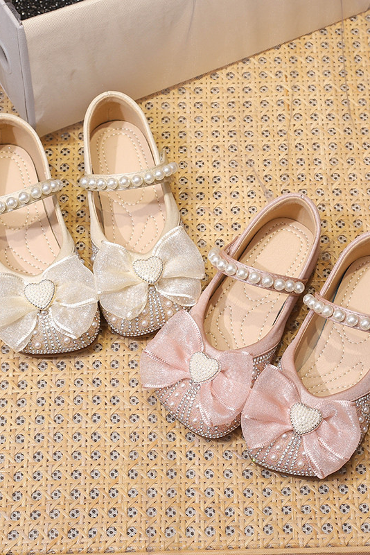 Champagne Rhinestone Pearl Organza Bow Mary Jane Flat Princess Dress Shoes