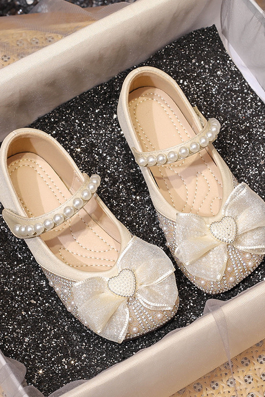 Champagne Rhinestone Pearl Organza Bow Mary Jane Flat Princess Dress Shoes