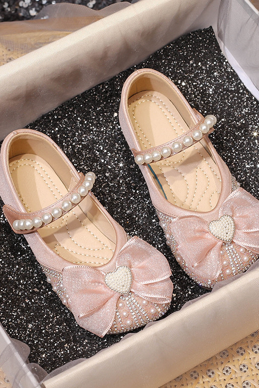 Champagne Rhinestone Pearl Organza Bow Mary Jane Flat Princess Dress Shoes