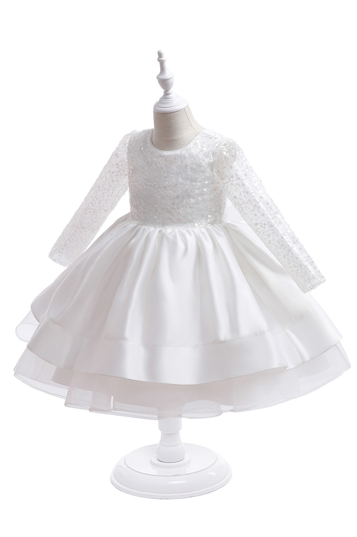 White Round Neck Long‑Sleeve Sequin Organza Satin Mini Princess Dress