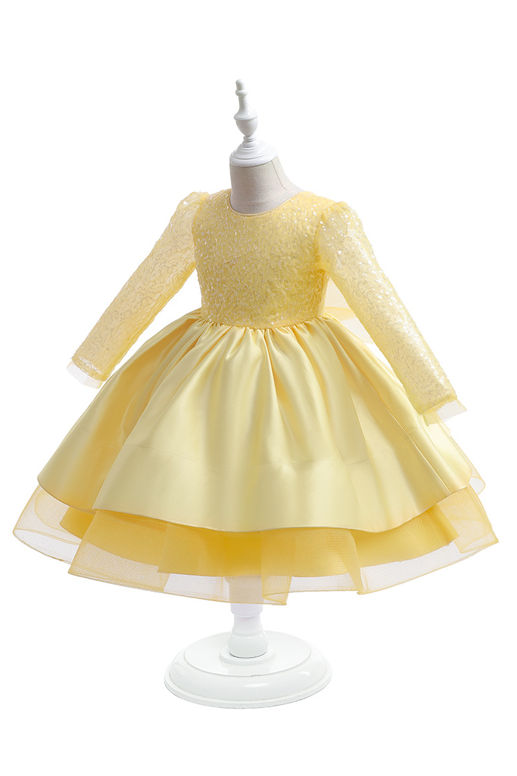 White Round Neck Long‑Sleeve Sequin Organza Satin Mini Princess Dress