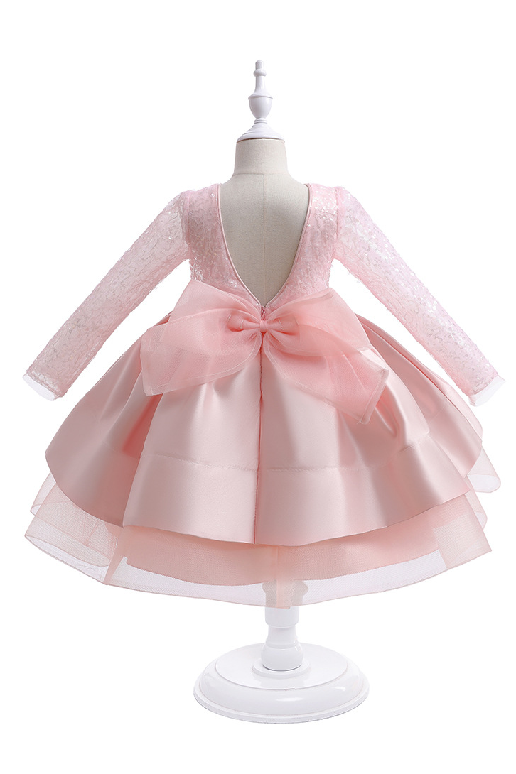 White Round Neck Long‑Sleeve Sequin Organza Satin Mini Princess Dress