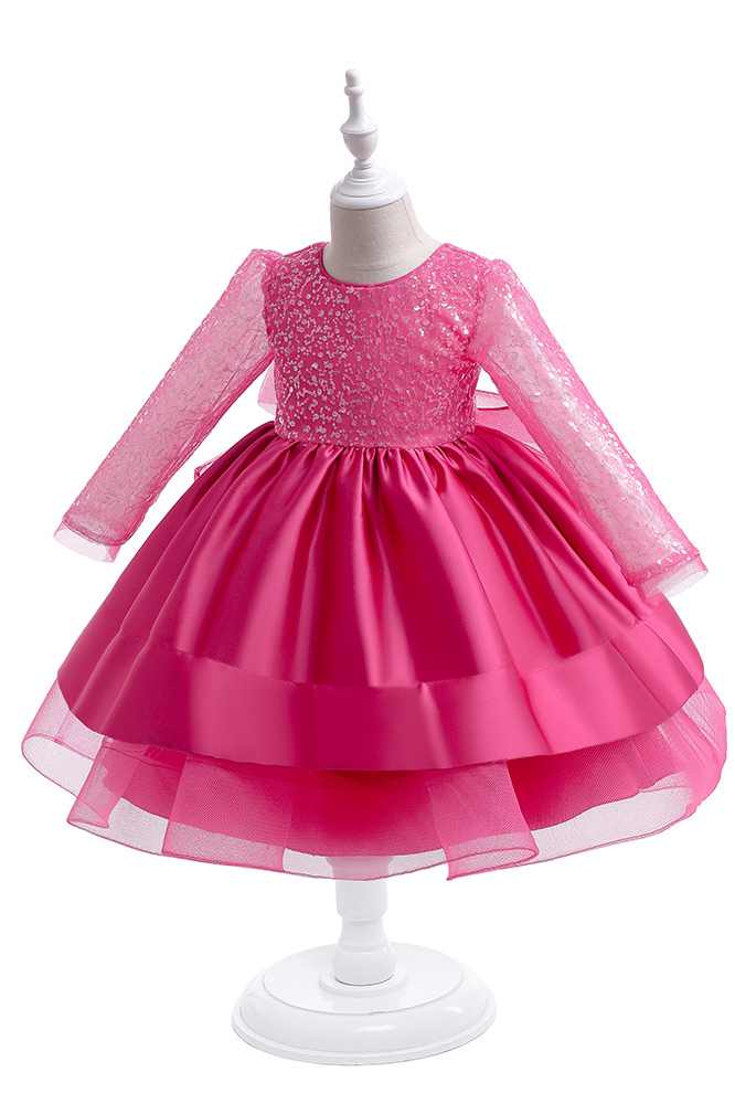 White Round Neck Long‑Sleeve Sequin Organza Satin Mini Princess Dress