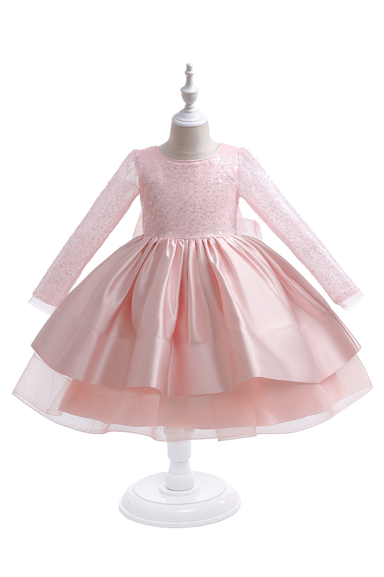 White Round Neck Long‑Sleeve Sequin Organza Satin Mini Princess Dress