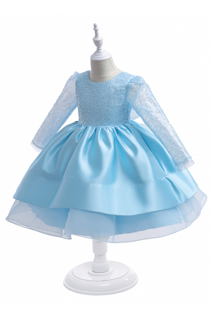 White Round Neck Long‑Sleeve Sequin Organza Satin Mini Princess Dress