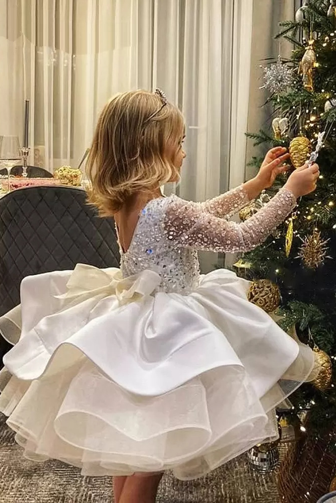 White Round Neck Long‑Sleeve Sequin Organza Satin Mini Princess Dress