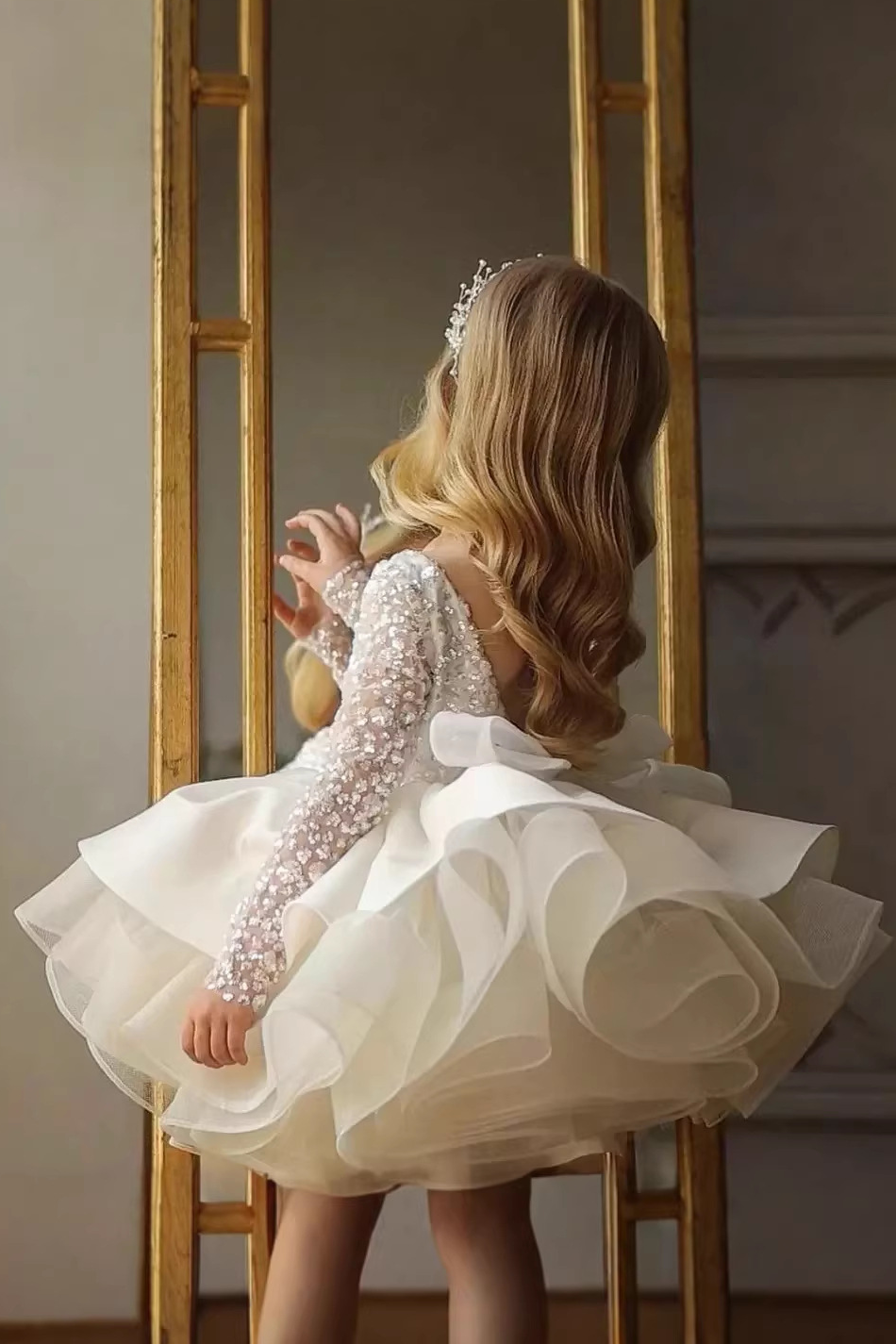 White Round Neck Long‑Sleeve Sequin Organza Satin Mini Princess Dress