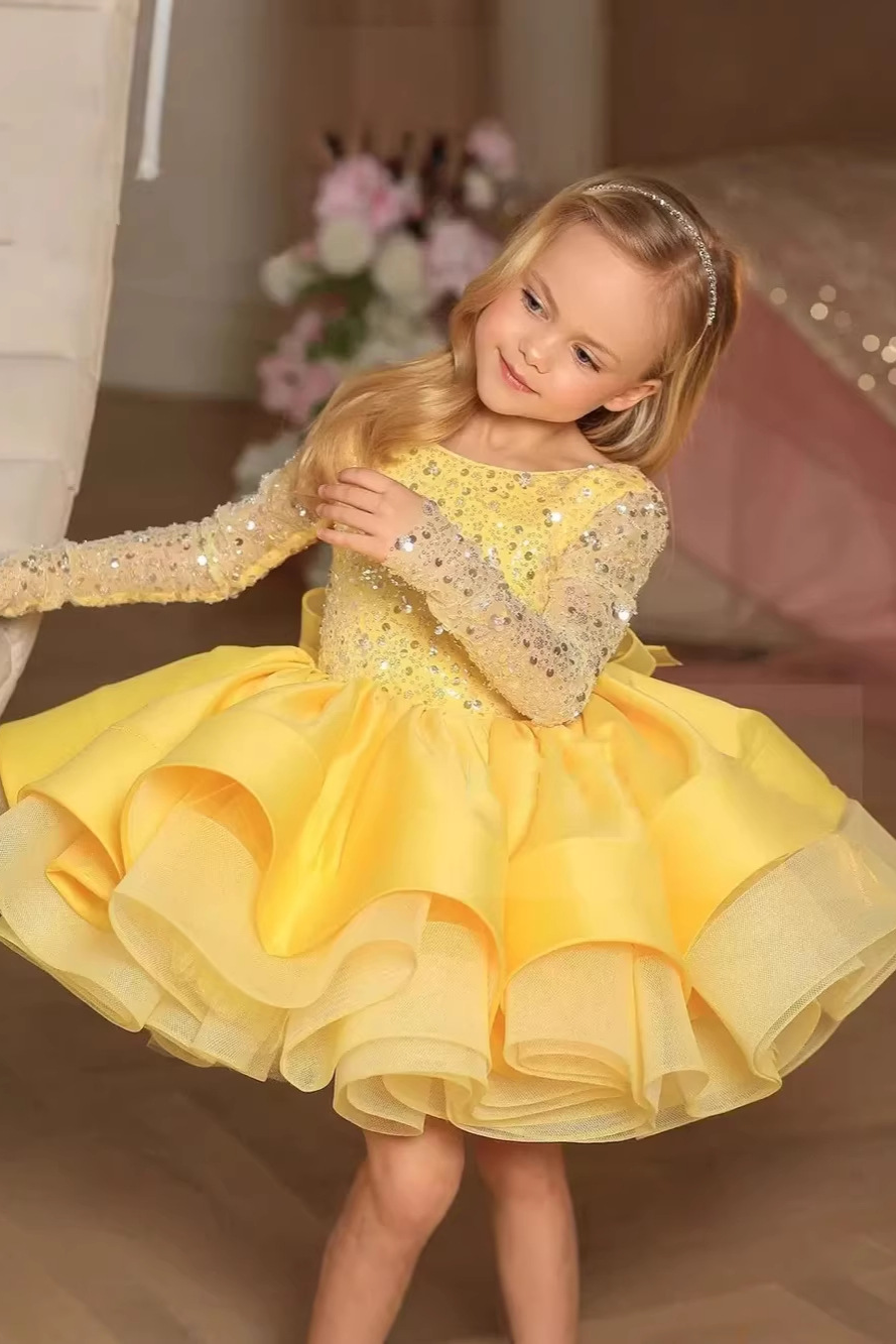 White Round Neck Long‑Sleeve Sequin Organza Satin Mini Princess Dress