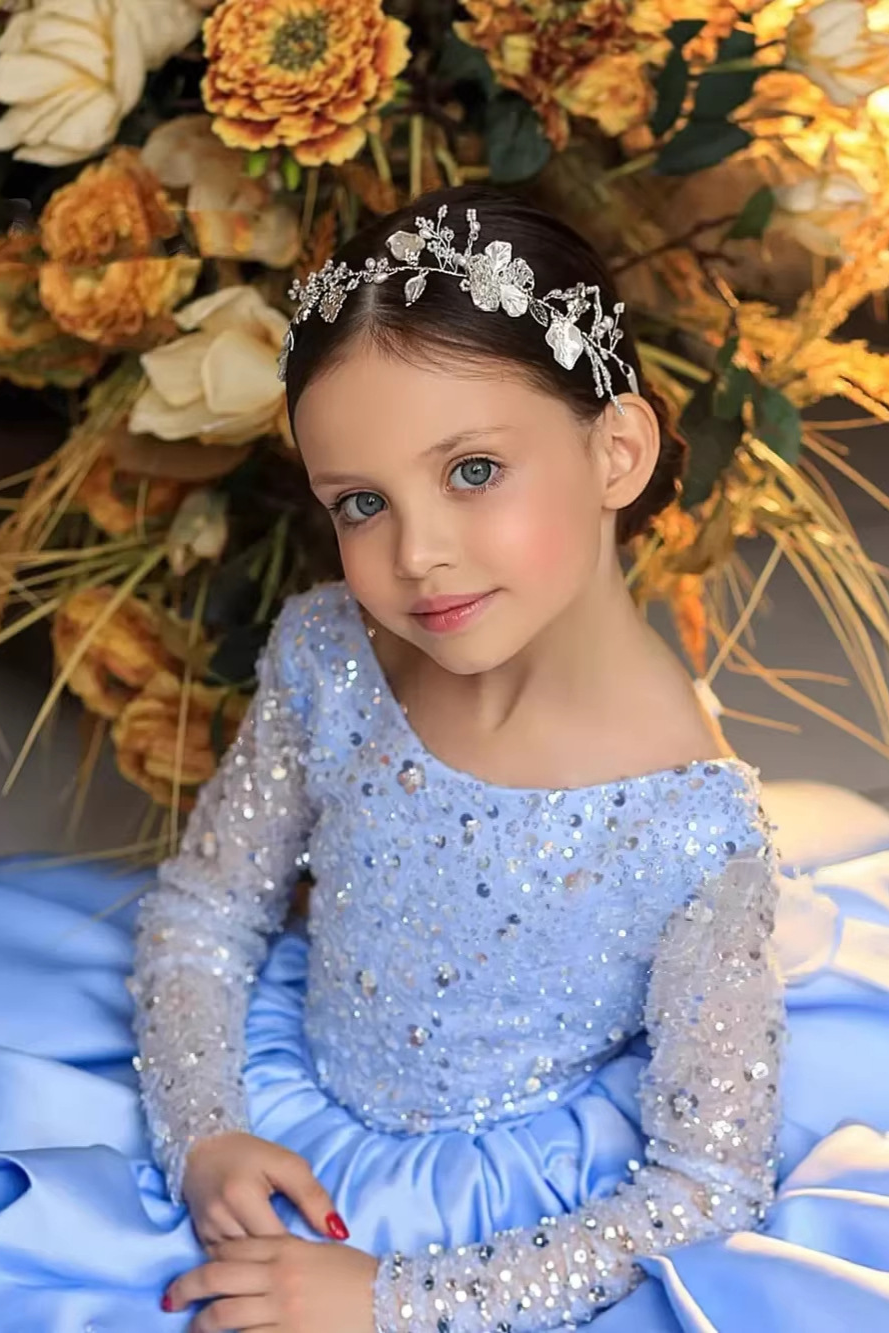 White Round Neck Long‑Sleeve Sequin Organza Satin Mini Princess Dress