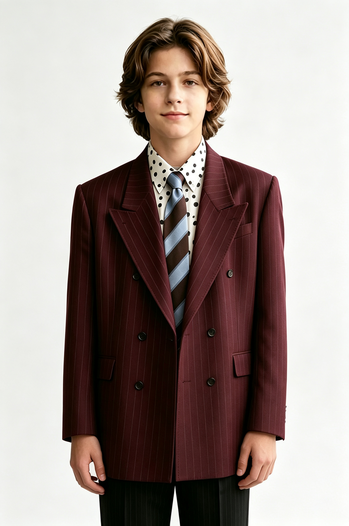 Deep Burgundy Pinstripe Double‑Breasted Blazer