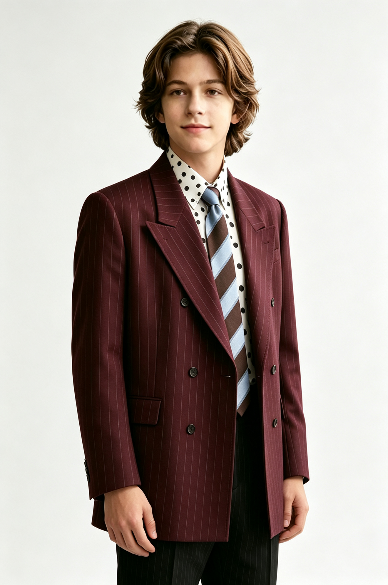 Deep Burgundy Pinstripe Double‑Breasted Blazer
