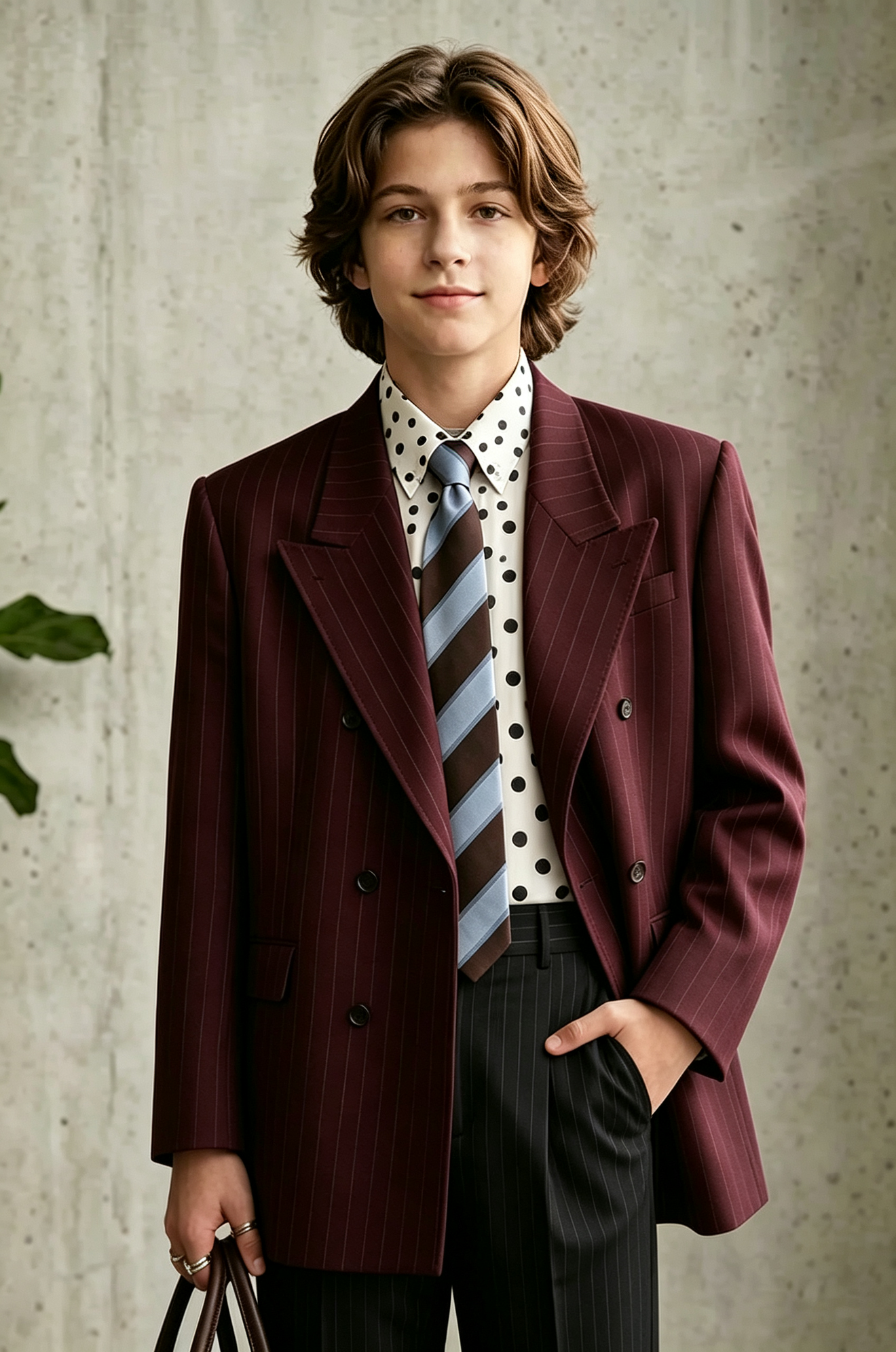Deep Burgundy Pinstripe Double‑Breasted Blazer