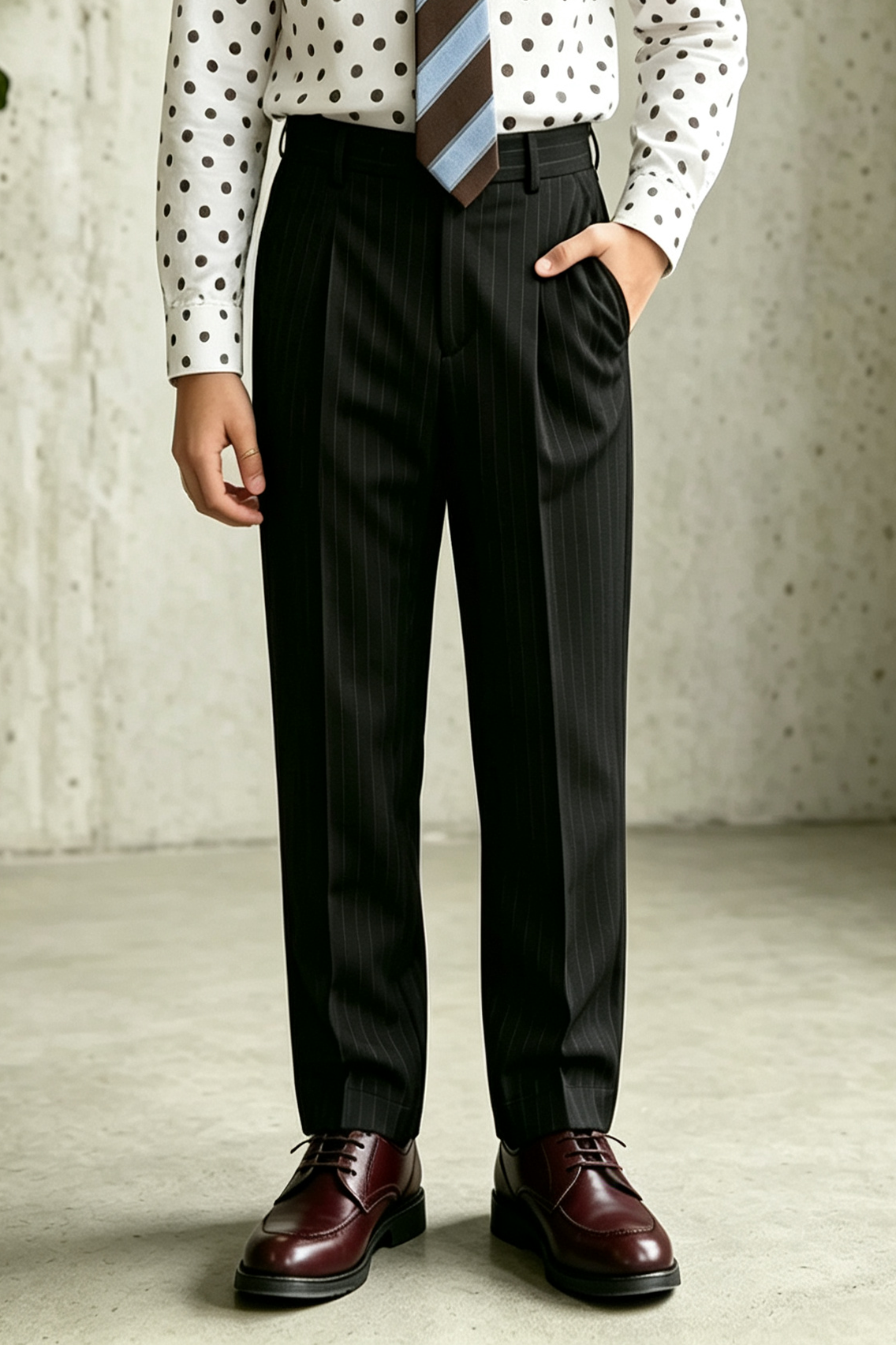 Black Pinstripe Pleated Straight‑Leg Formal Suit Trousers