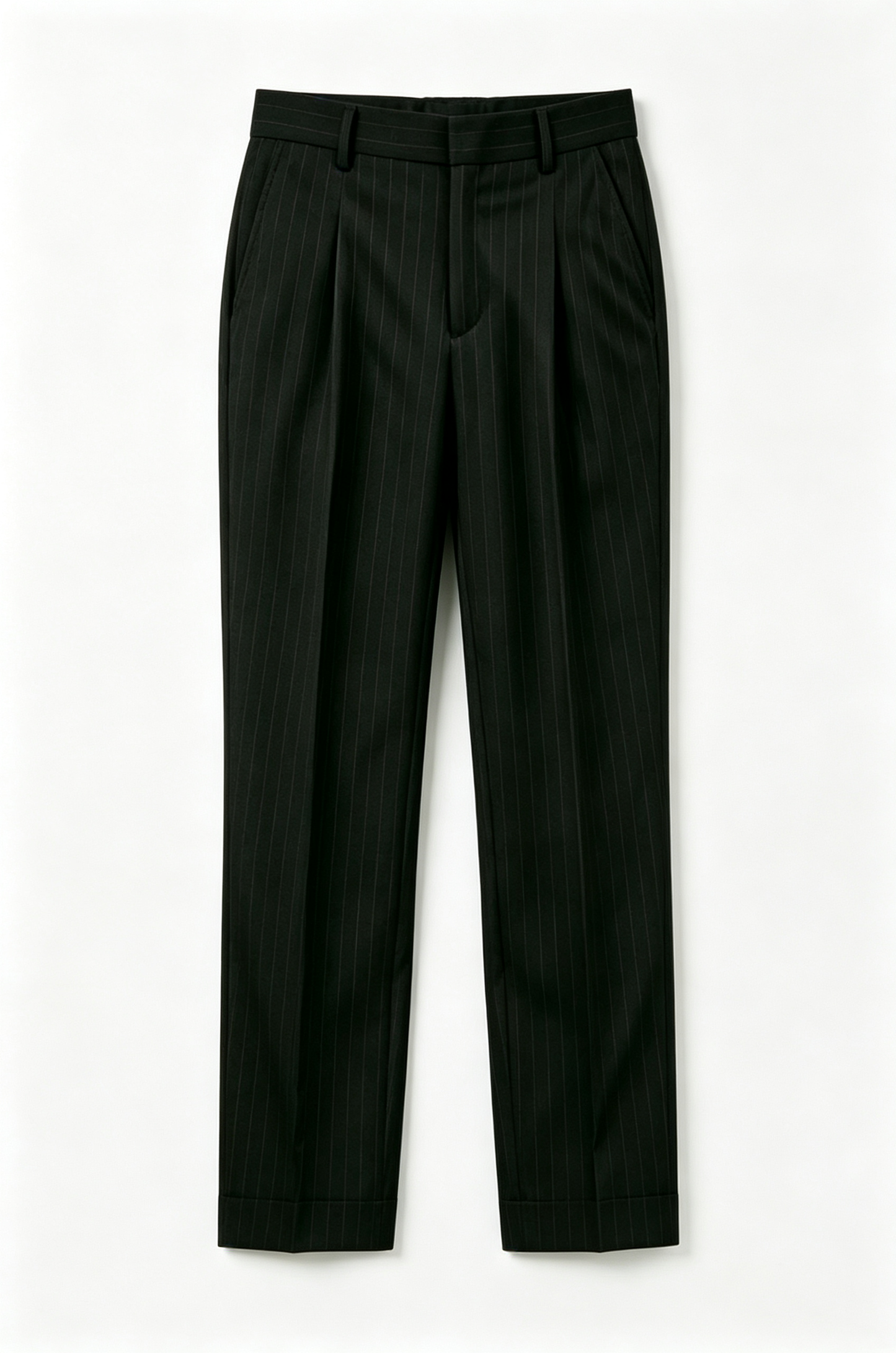 Black Pinstripe Pleated Straight‑Leg Formal Suit Trousers