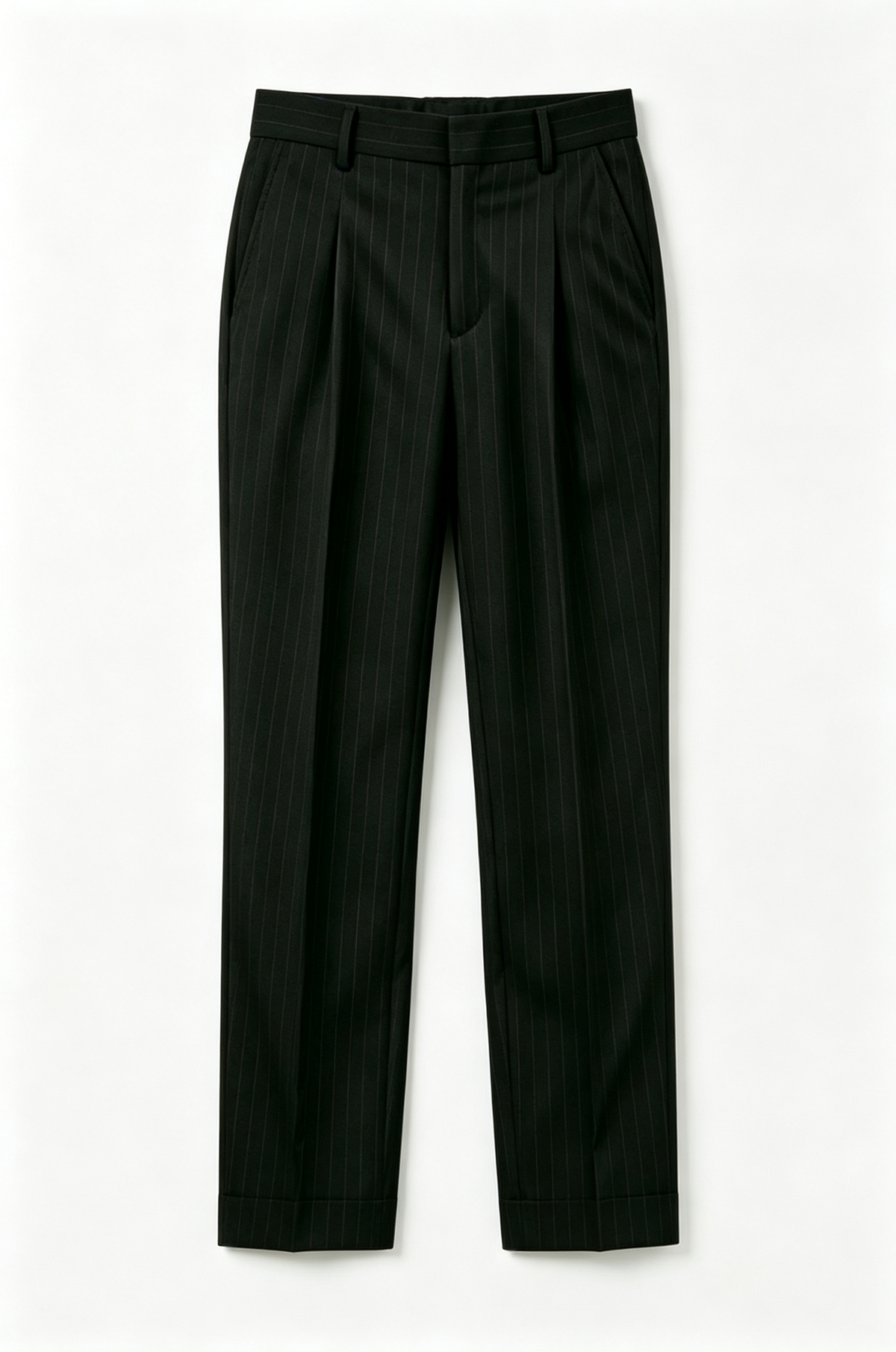 Black Pinstripe Pleated Straight‑Leg Formal Suit Trousers