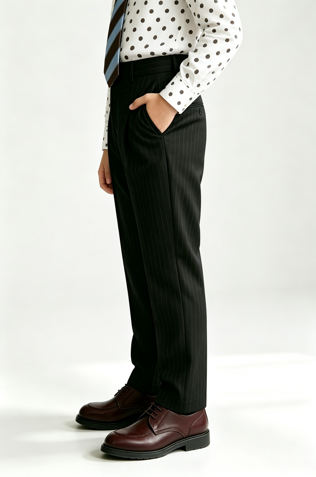 Black Pinstripe Pleated Straight‑Leg Formal Suit Trousers