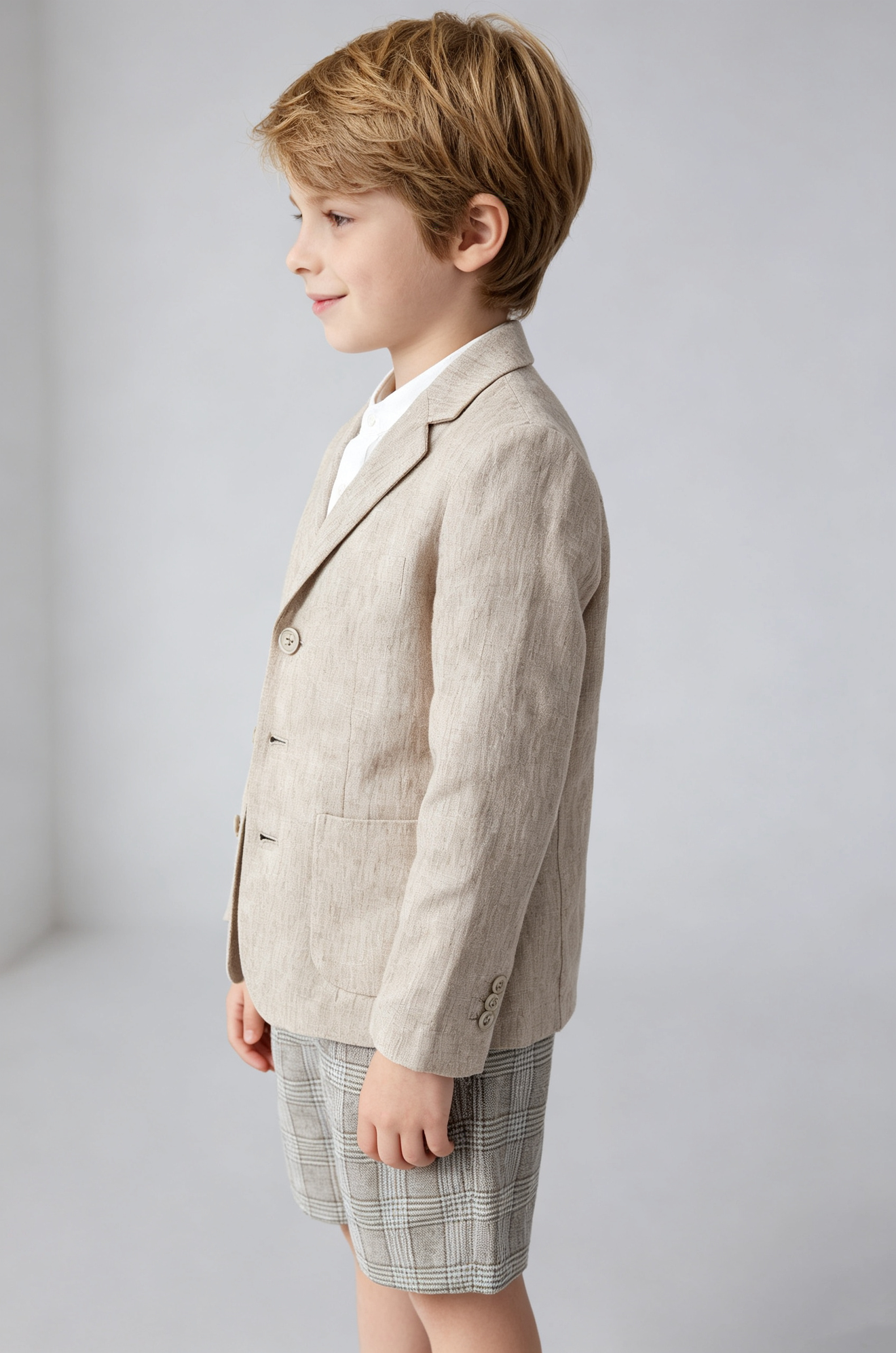 Oat Beige Cotton‑Linen Blend Plaid Straight‑Leg Shorts 2‑Piece Suit