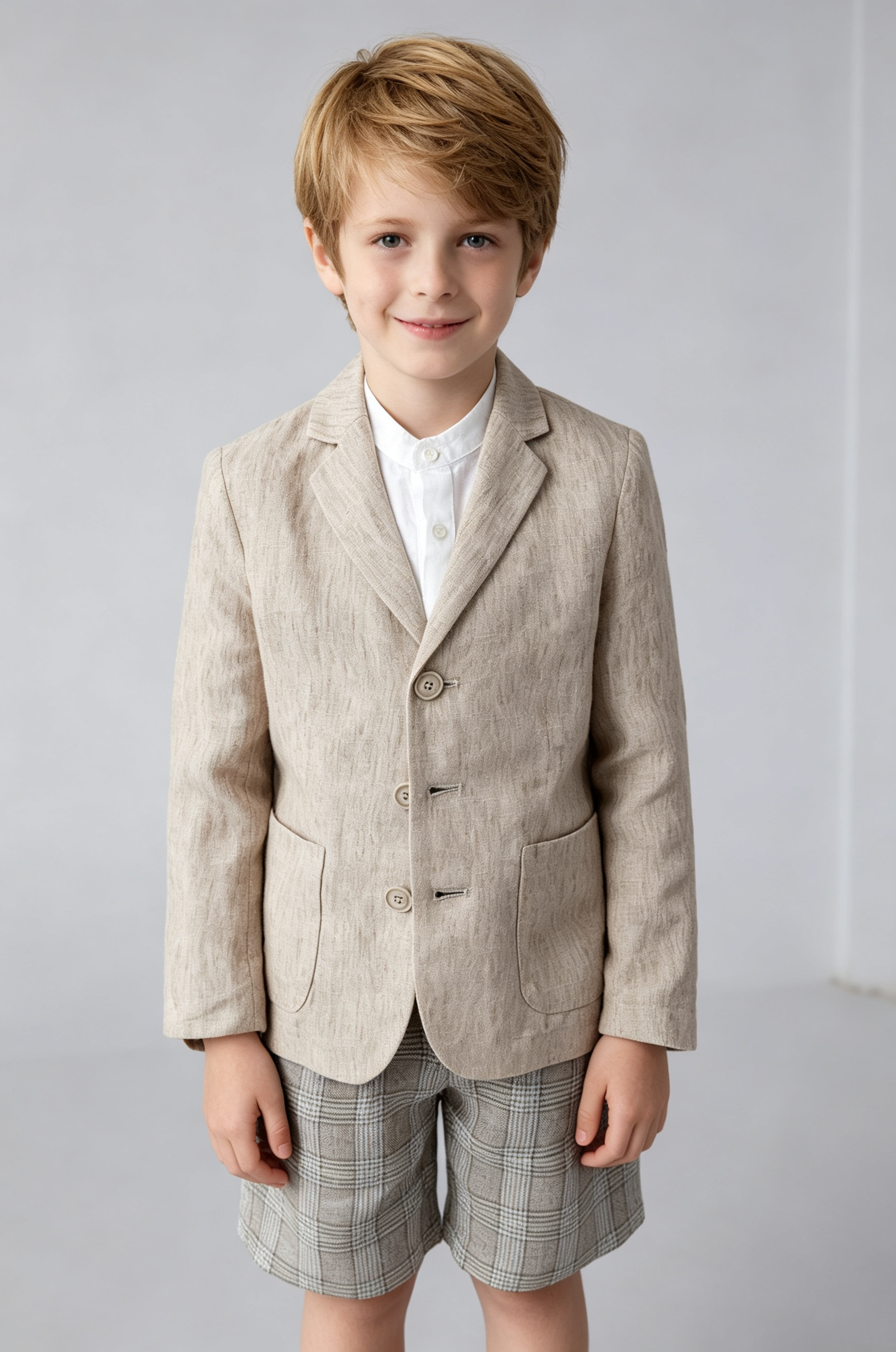 Oat Beige Cotton‑Linen Blend Plaid Straight‑Leg Shorts 2‑Piece Suit