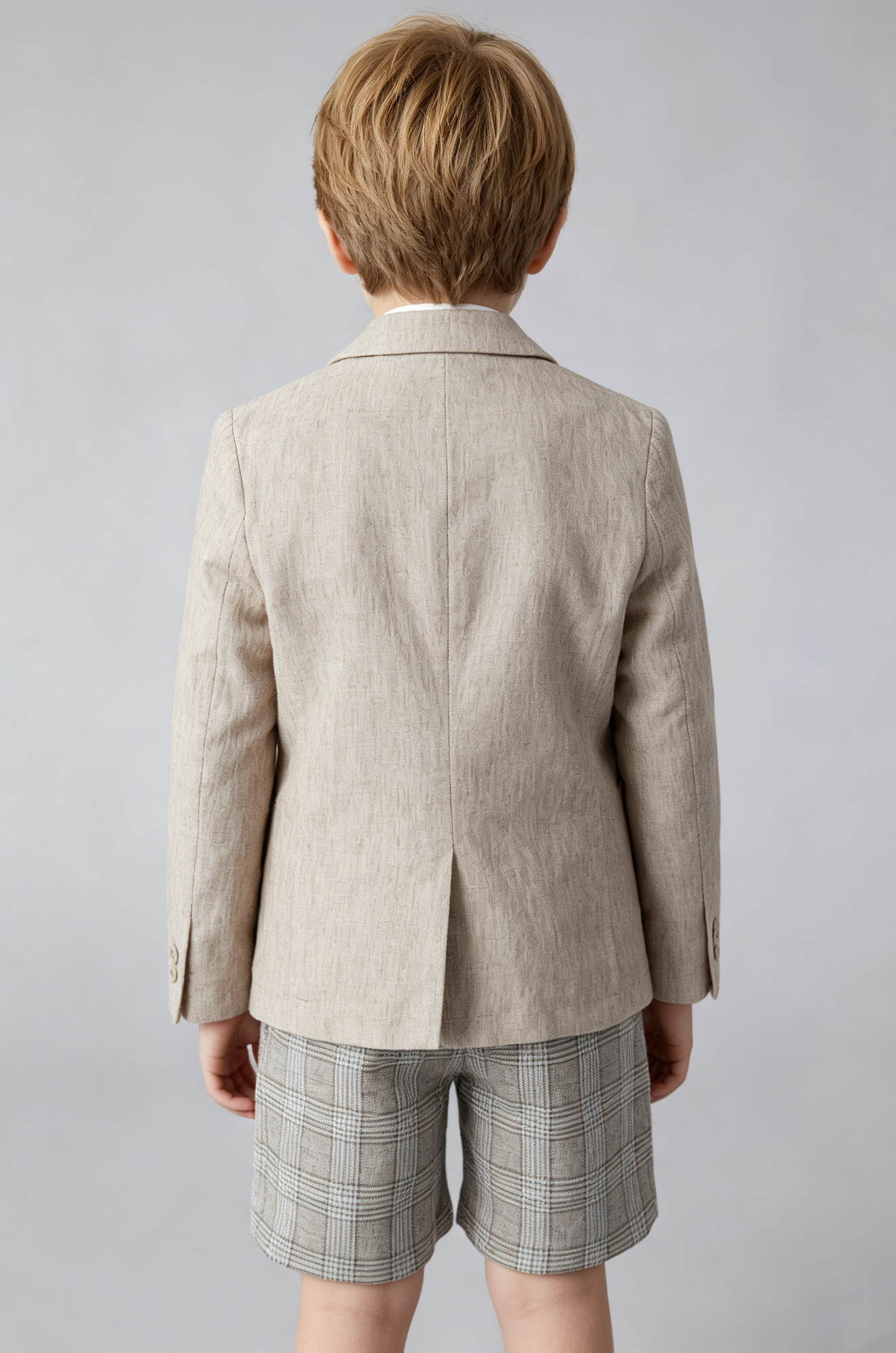 Oat Beige Cotton‑Linen Blend Plaid Straight‑Leg Shorts 2‑Piece Suit