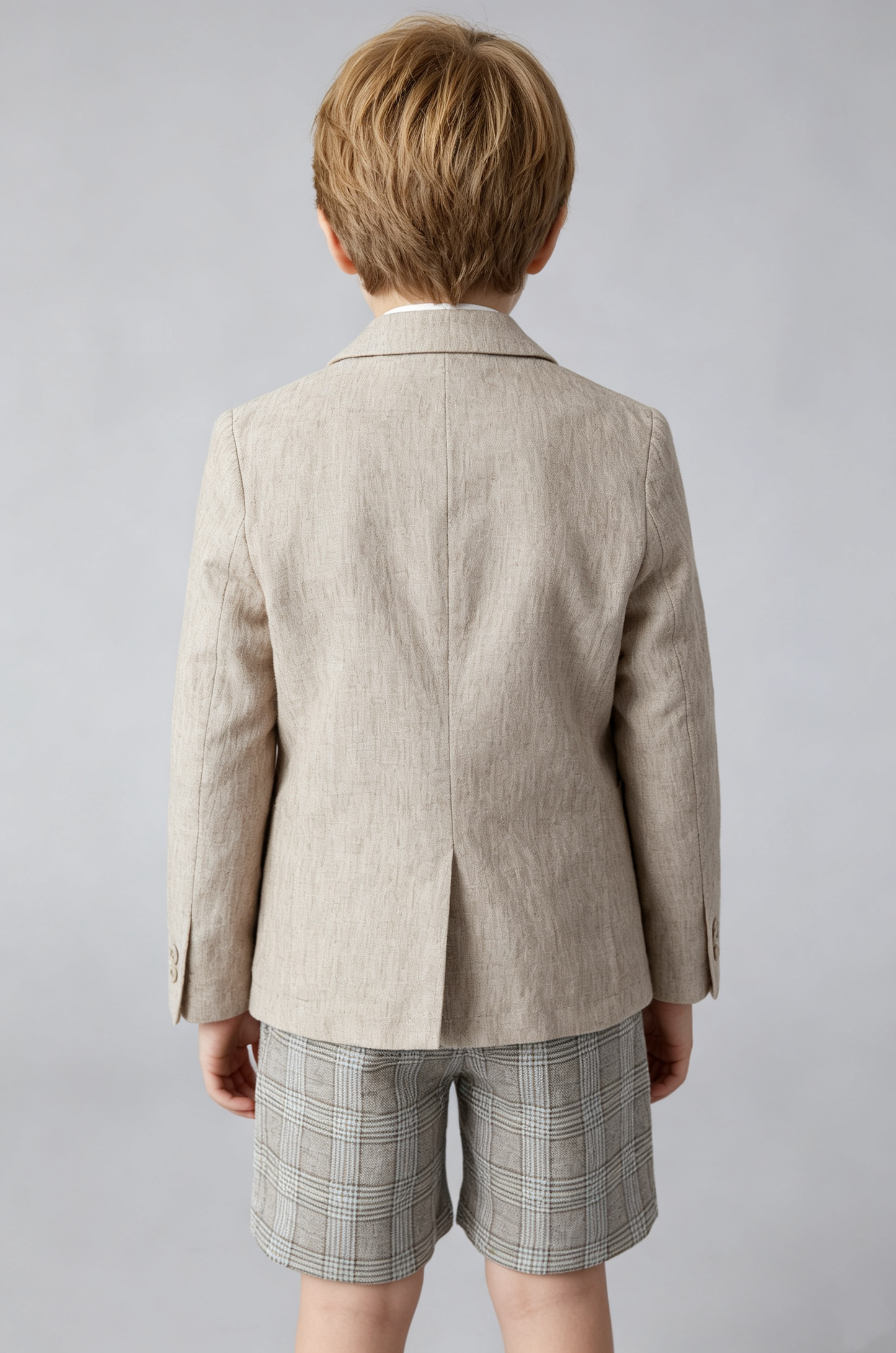 Oat Beige Cotton‑Linen Blend Plaid Straight‑Leg Shorts 2‑Piece Suit