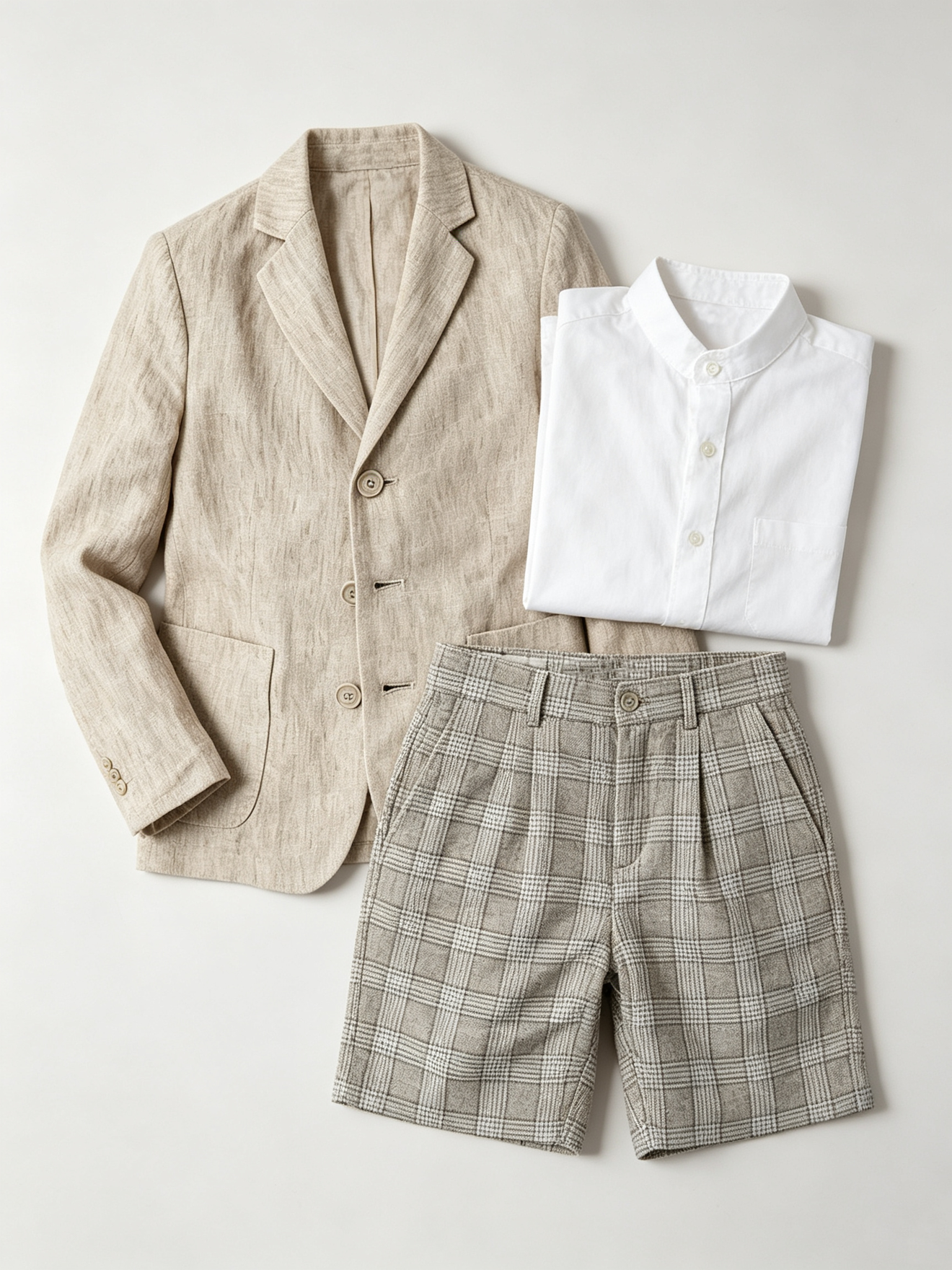 Oat Beige Cotton‑Linen Blend Plaid Straight‑Leg Shorts 2‑Piece Suit