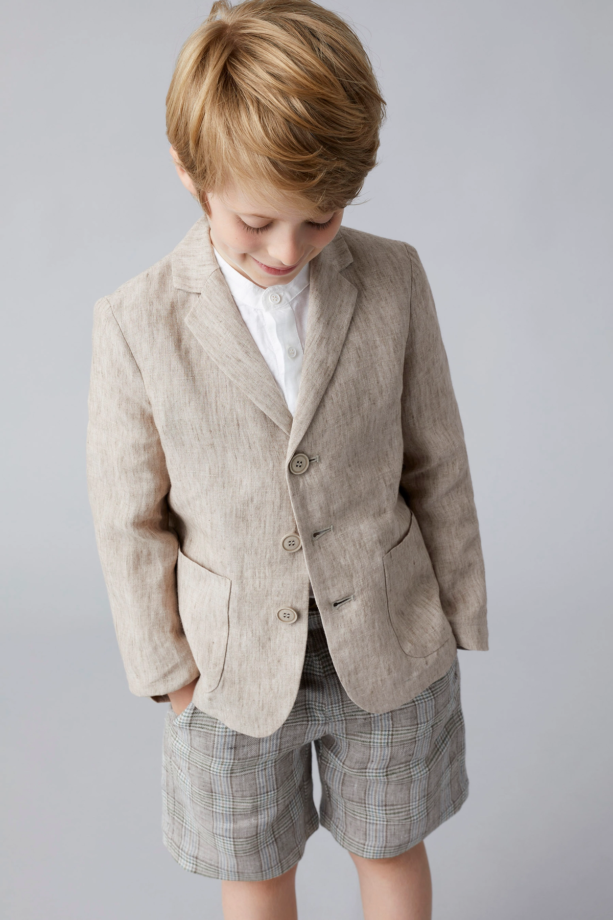 Oat Beige Cotton‑Linen Blend Plaid Straight‑Leg Shorts 2‑Piece Suit