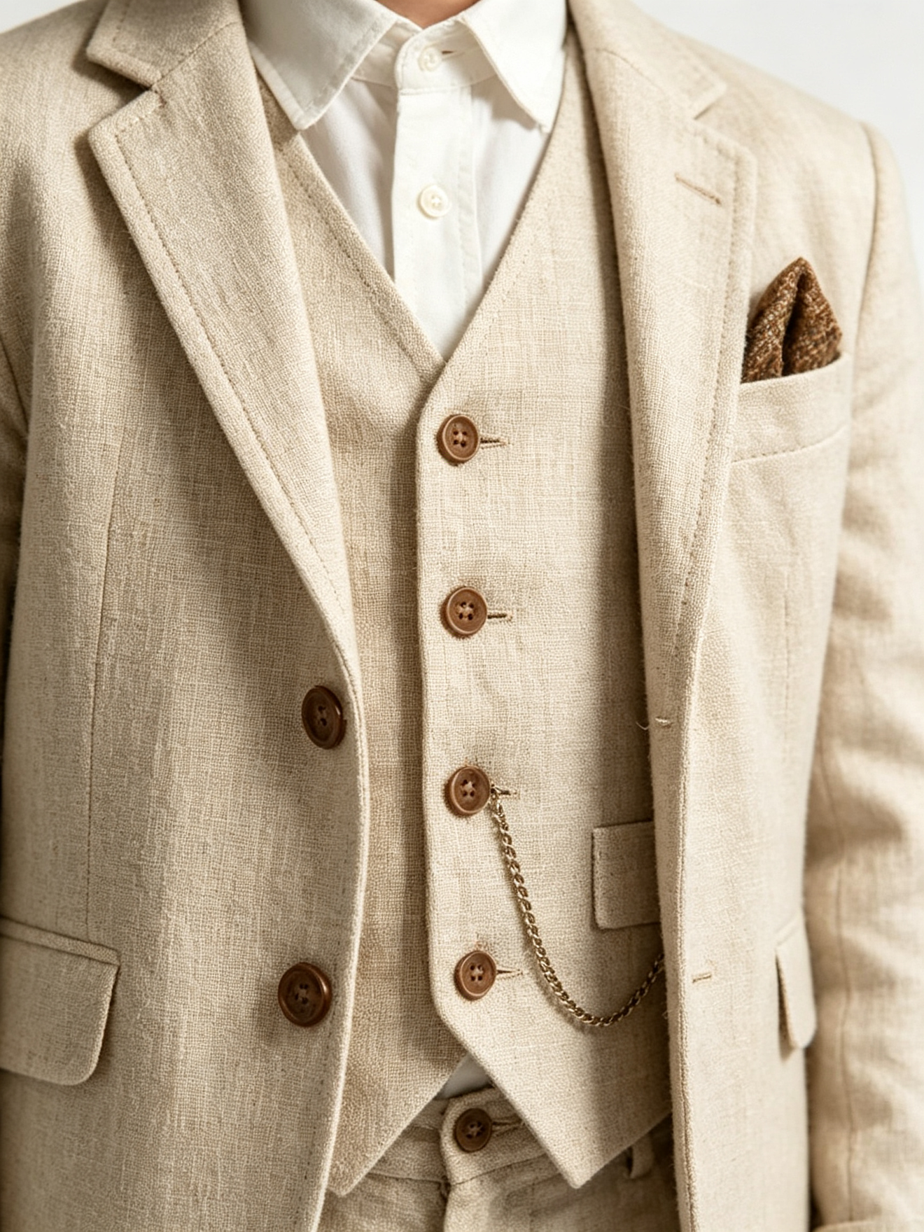 Beige Cotton‑Linen Blend Single‑Breasted Blazer 3‑Piece Suit