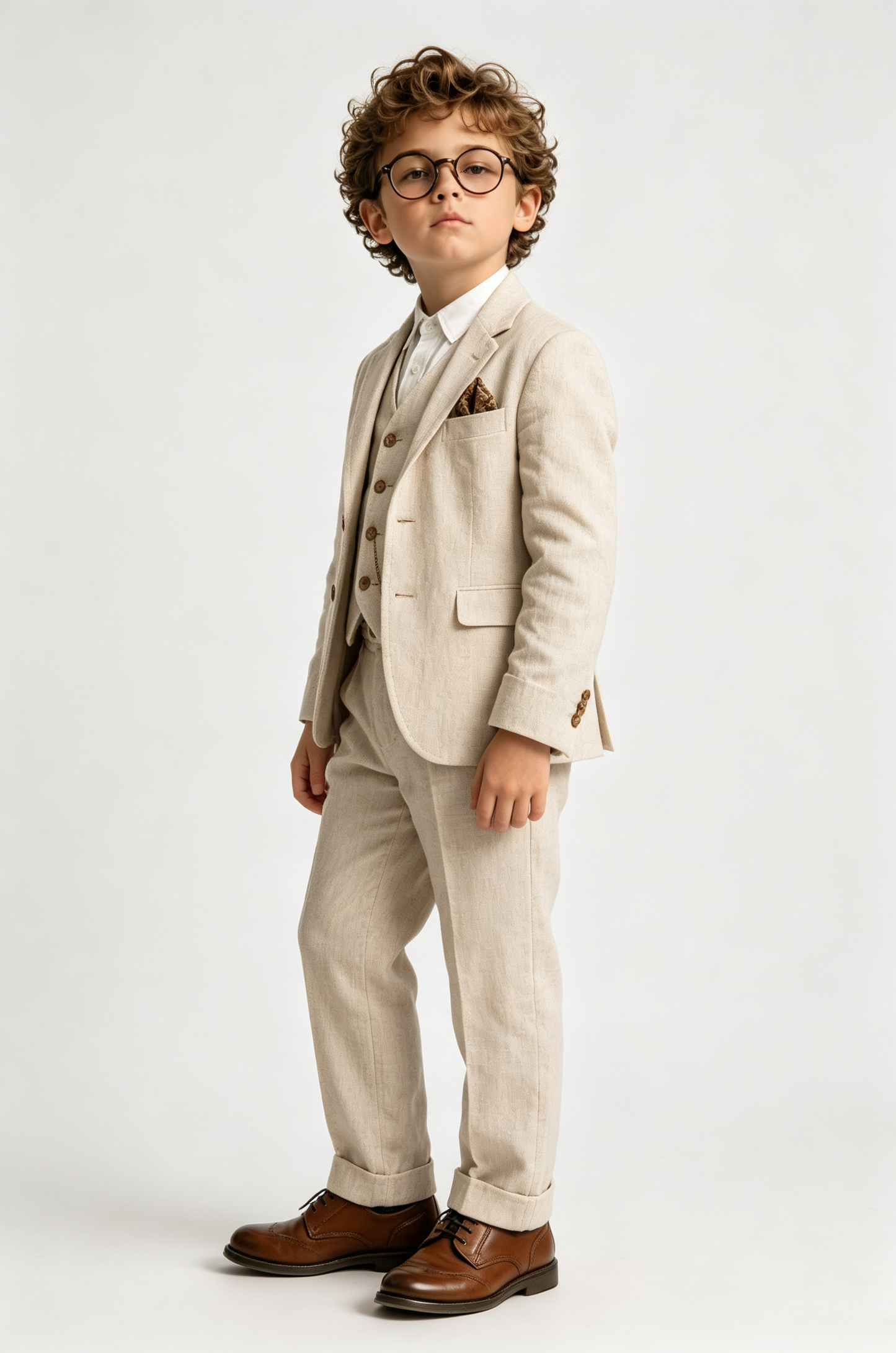 Beige Cotton‑Linen Blend Single‑Breasted Blazer 3‑Piece Suit