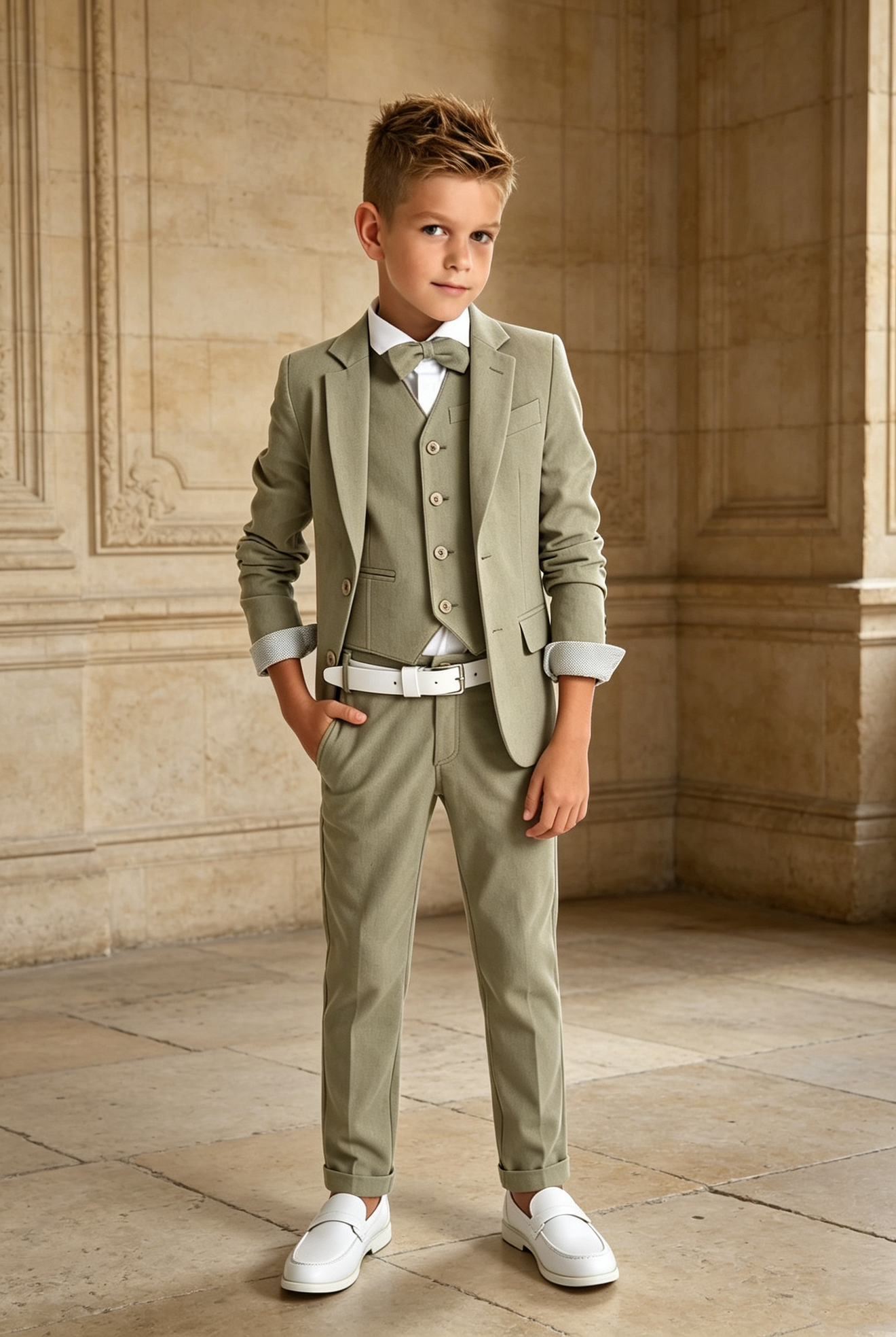 Grey-Green Cotton‑Linen Blend Single‑Breasted Blazer 3‑Piece Suit