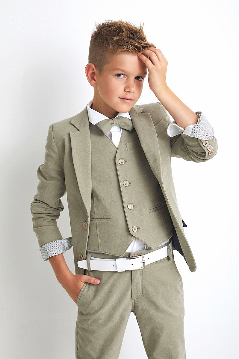 Grey-Green Cotton‑Linen Blend Single‑Breasted Blazer 3‑Piece Suit