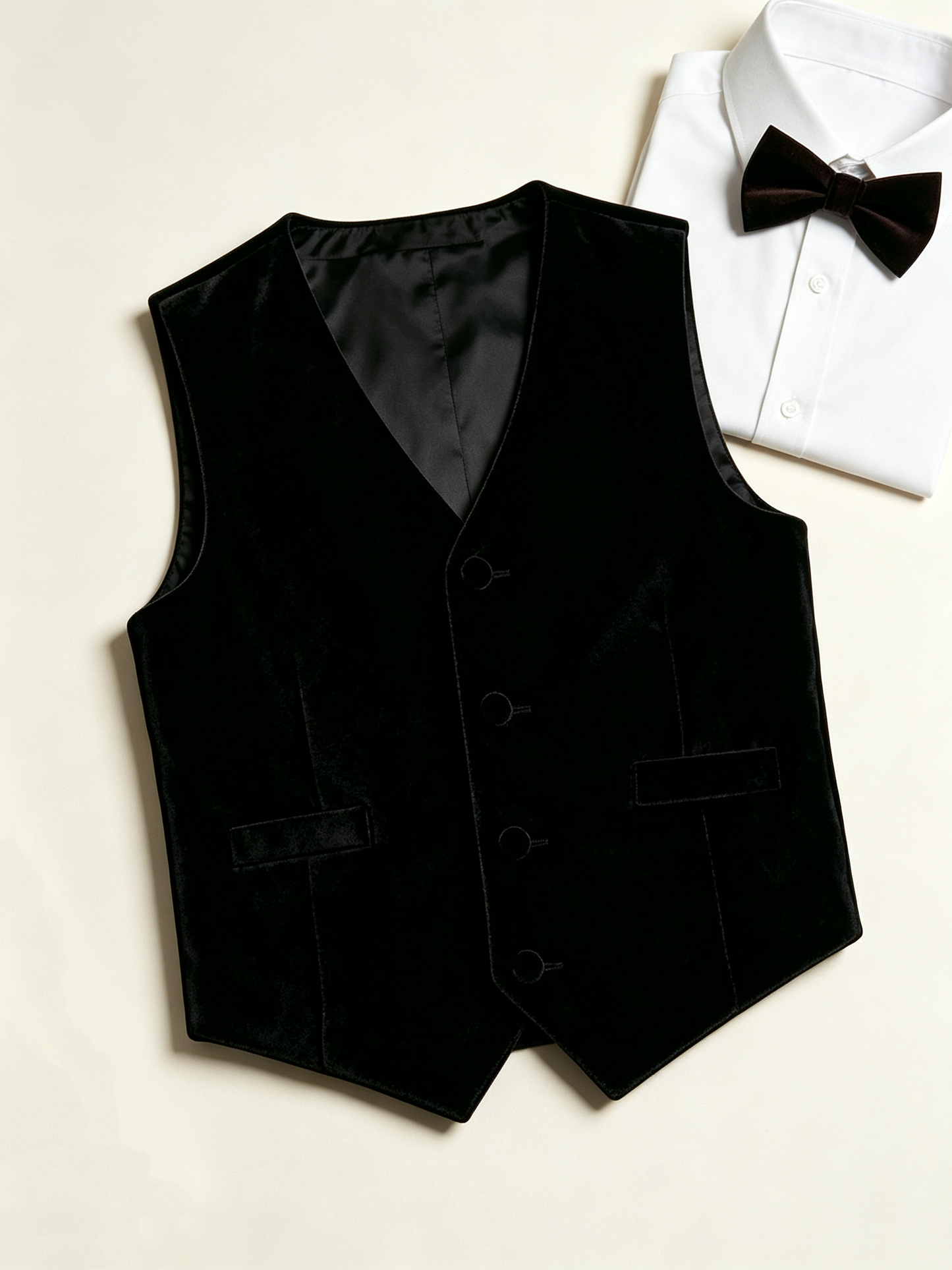 Black Velvet V‑Neck Single‑Breasted Formal Vest