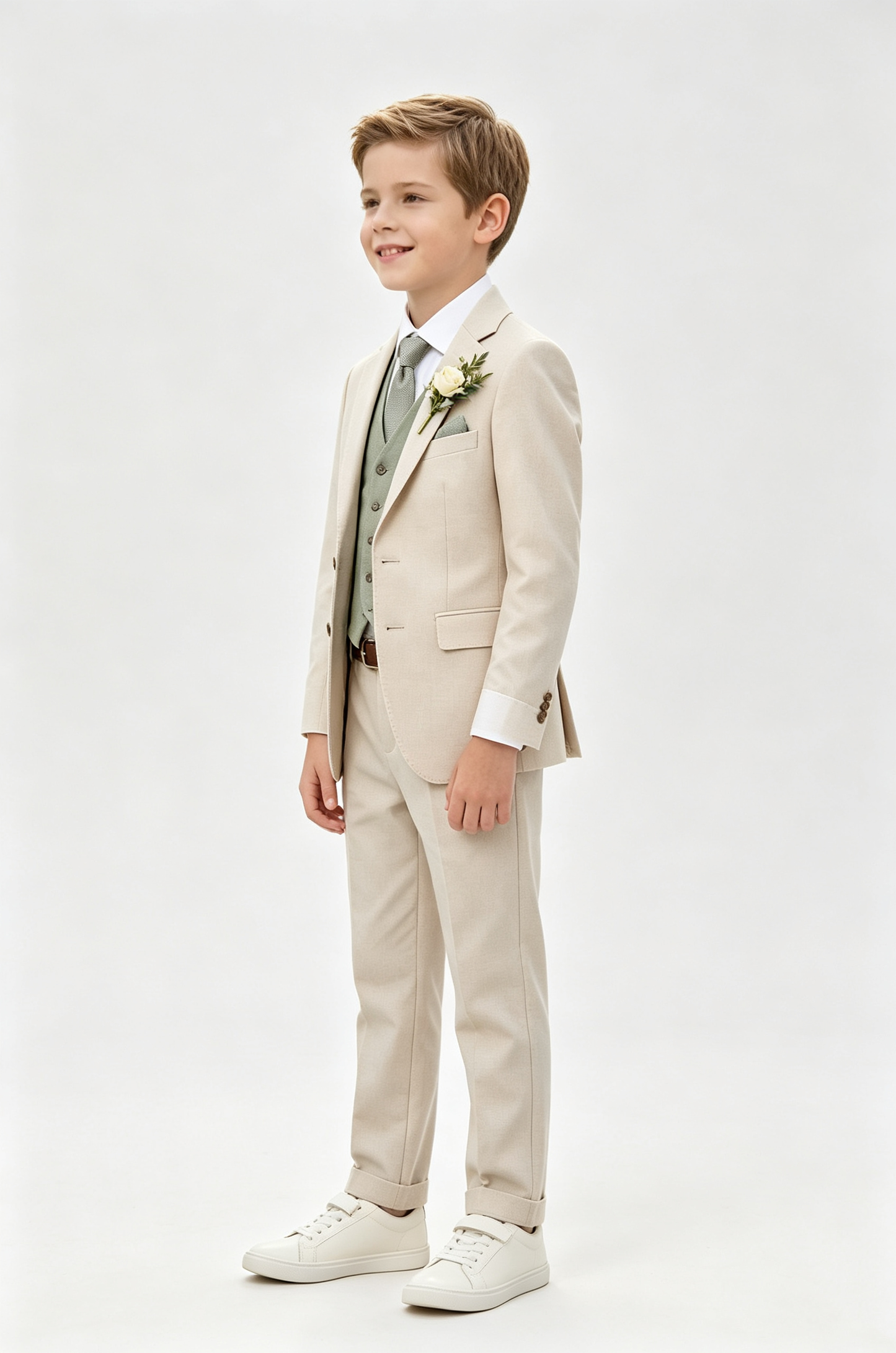 Beige & Sage‑Green Cotton‑Linen Blend Single‑Breasted Contrast Waistcoat 3‑Piece Suit