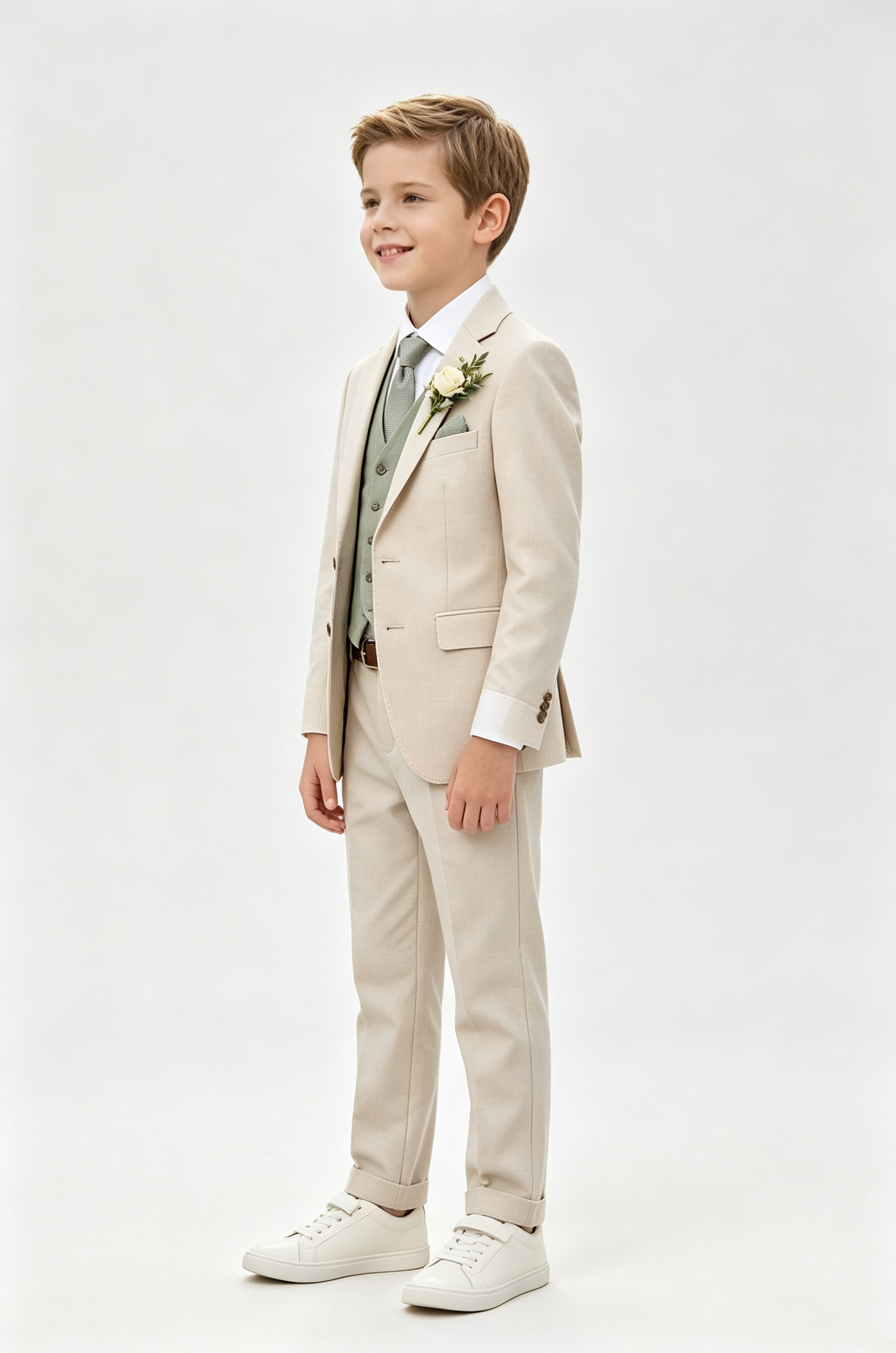 Beige & Sage‑Green Cotton‑Linen Blend Single‑Breasted Contrast Waistcoat 3‑Piece Suit