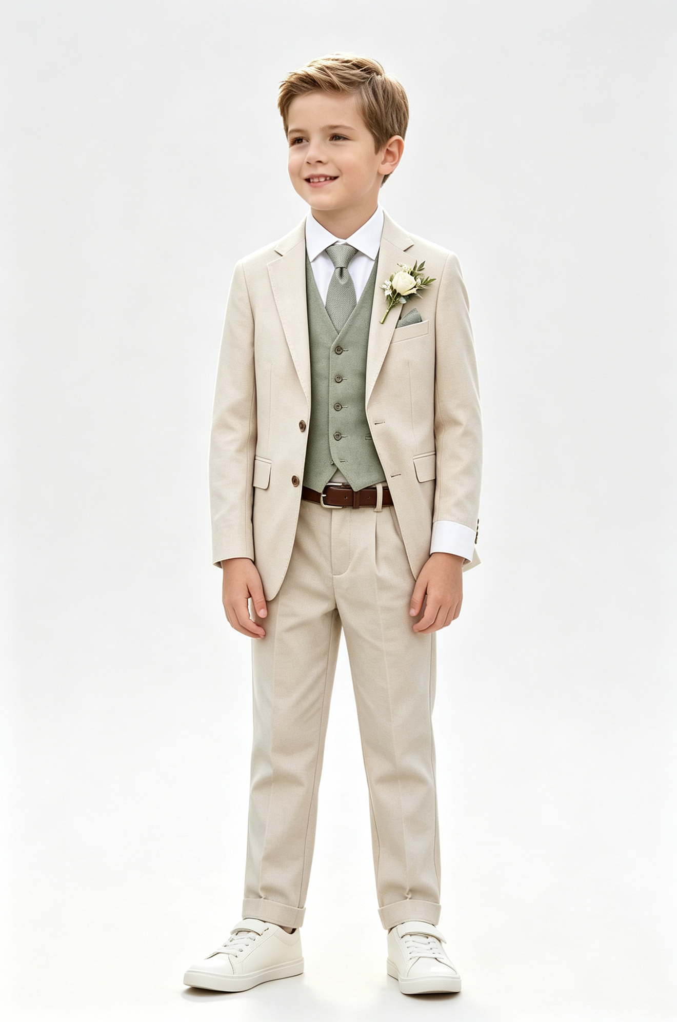 Beige & Sage‑Green Cotton‑Linen Blend Single‑Breasted Contrast Waistcoat 3‑Piece Suit
