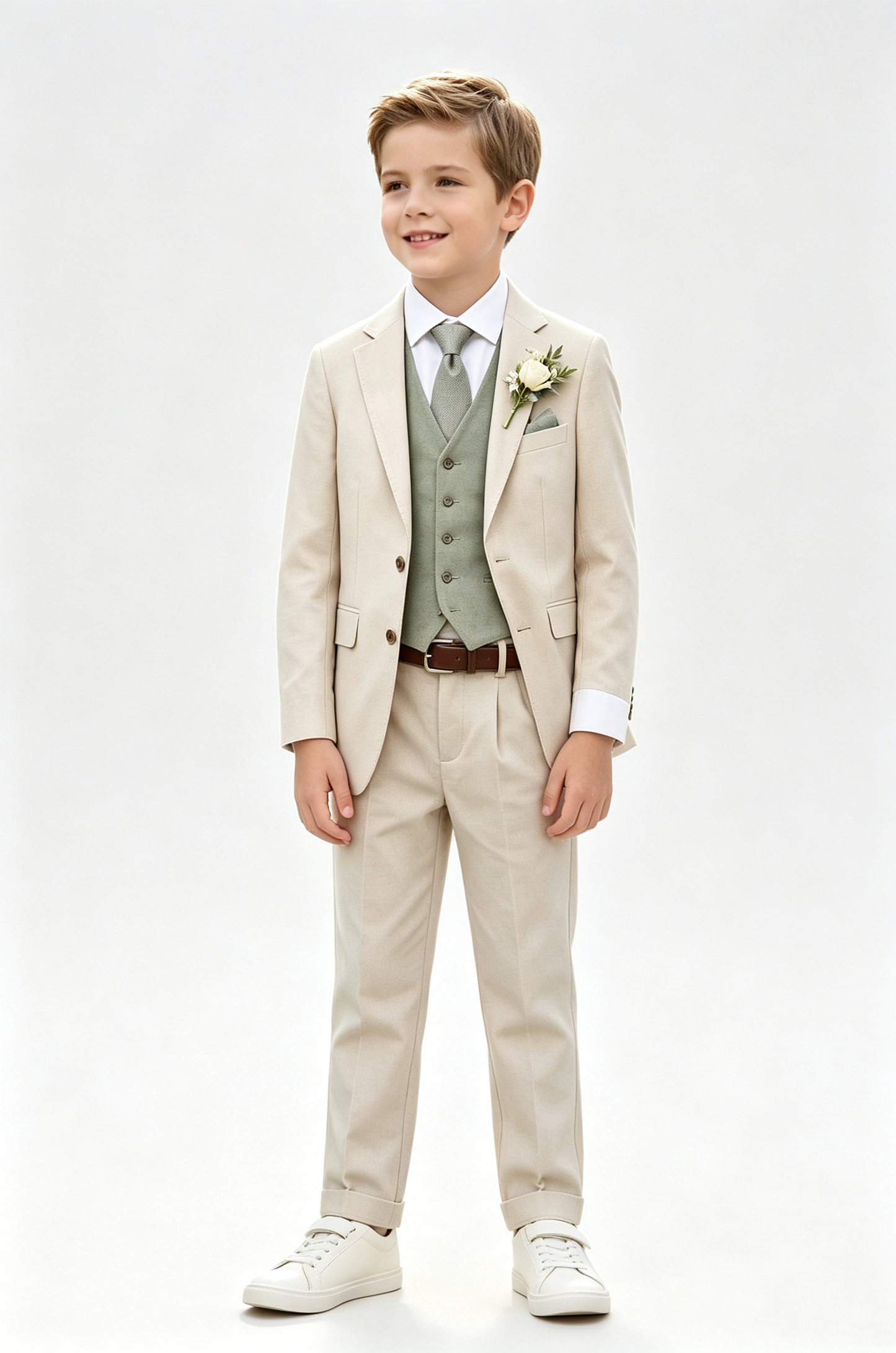 Beige & Sage‑Green Cotton‑Linen Blend Single‑Breasted Contrast Waistcoat 3‑Piece Suit