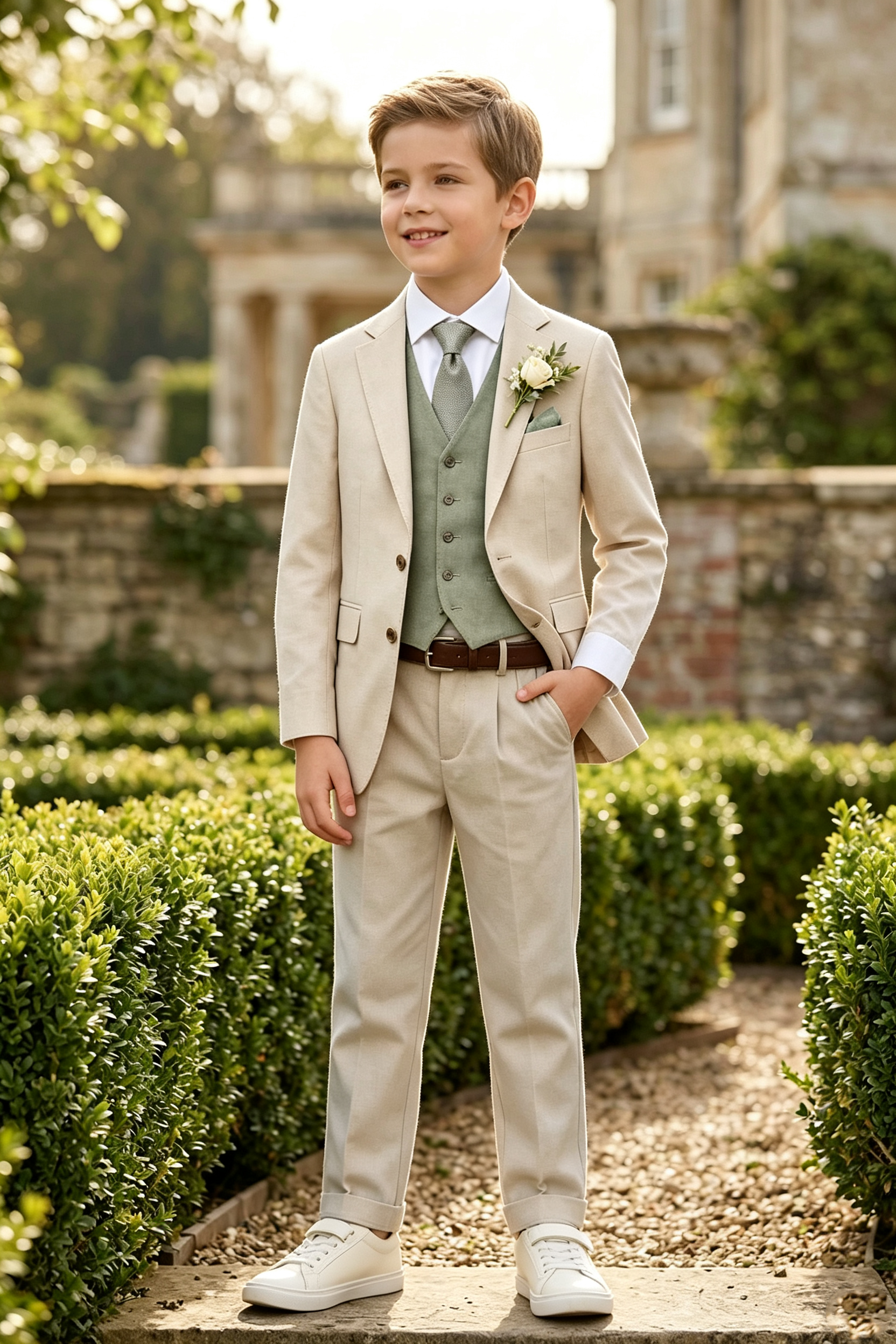 Beige & Sage‑Green Cotton‑Linen Blend Single‑Breasted Contrast Waistcoat 3‑Piece Suit
