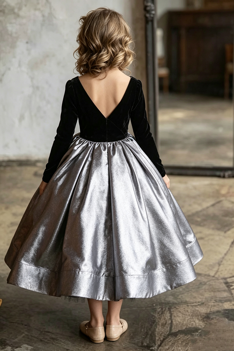 Girls Velvet Bodice Metallic Skirt Gown for Weddings with Long Sleeves