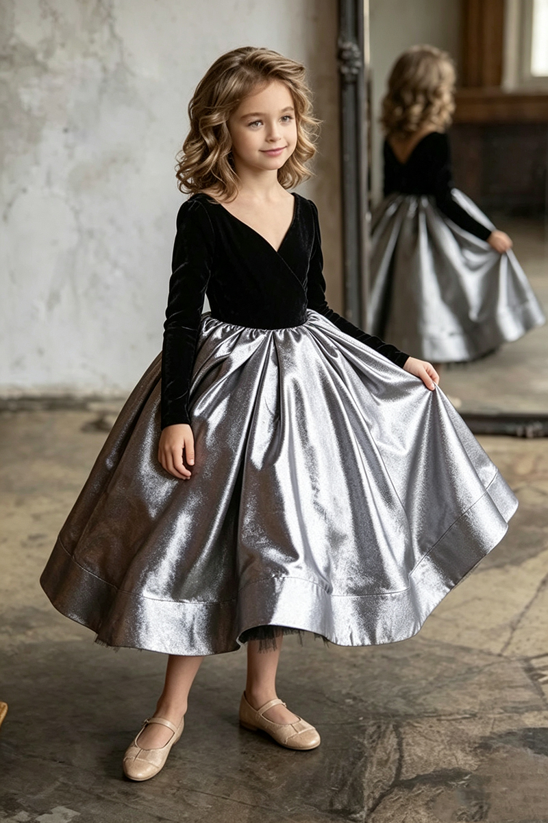 Girls Velvet Bodice Metallic Skirt Gown for Weddings with Long Sleeves