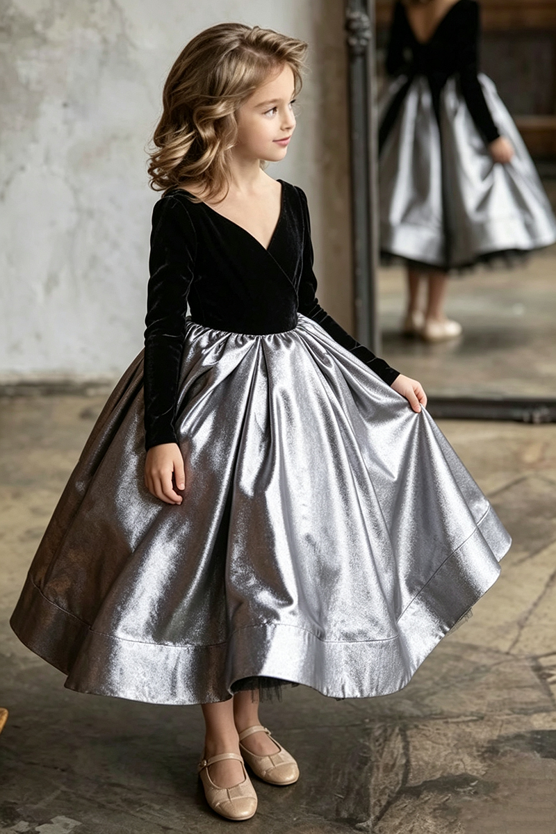 Girls Velvet Bodice Metallic Skirt Gown for Weddings with Long Sleeves