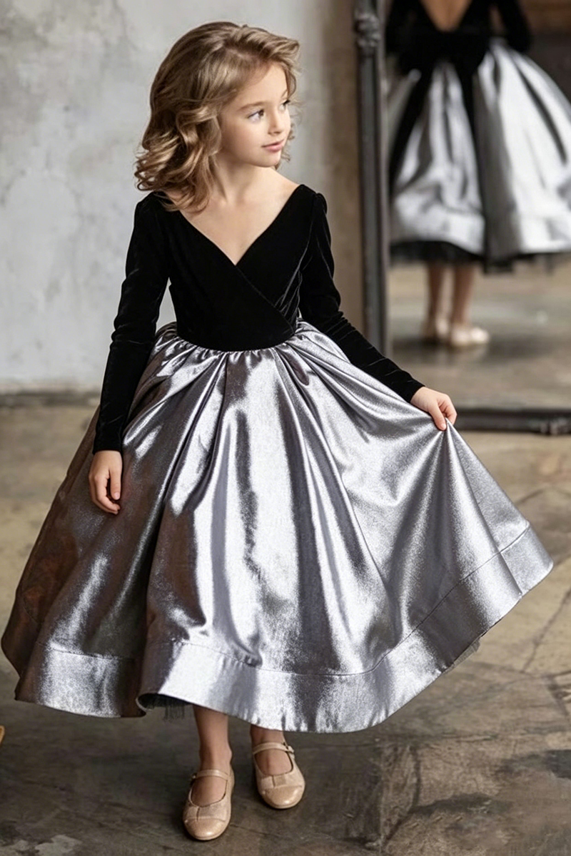 Girls Velvet Bodice Metallic Skirt Gown for Weddings with Long Sleeves