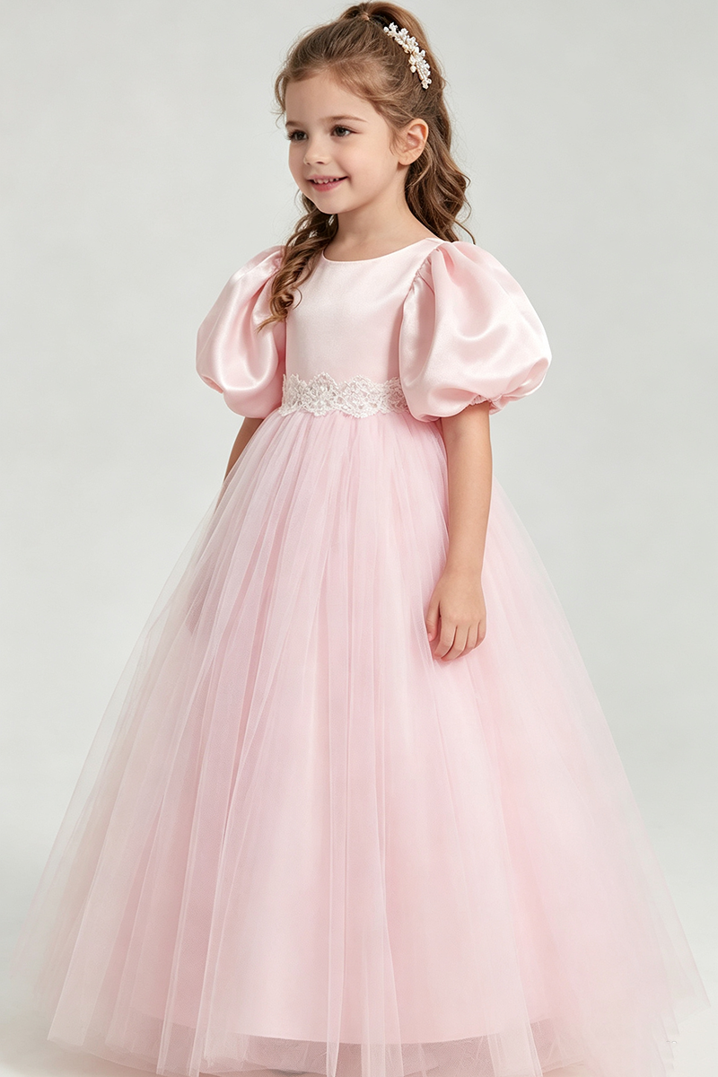Girls Pink Satin Tulle Gown for Weddings with Puff Sleeves & Back Bow Accent