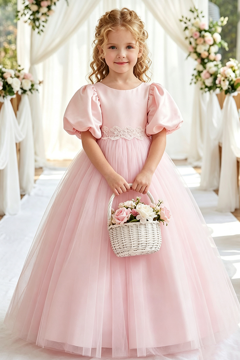 Girls Pink Satin Tulle Gown for Weddings with Puff Sleeves & Back Bow Accent